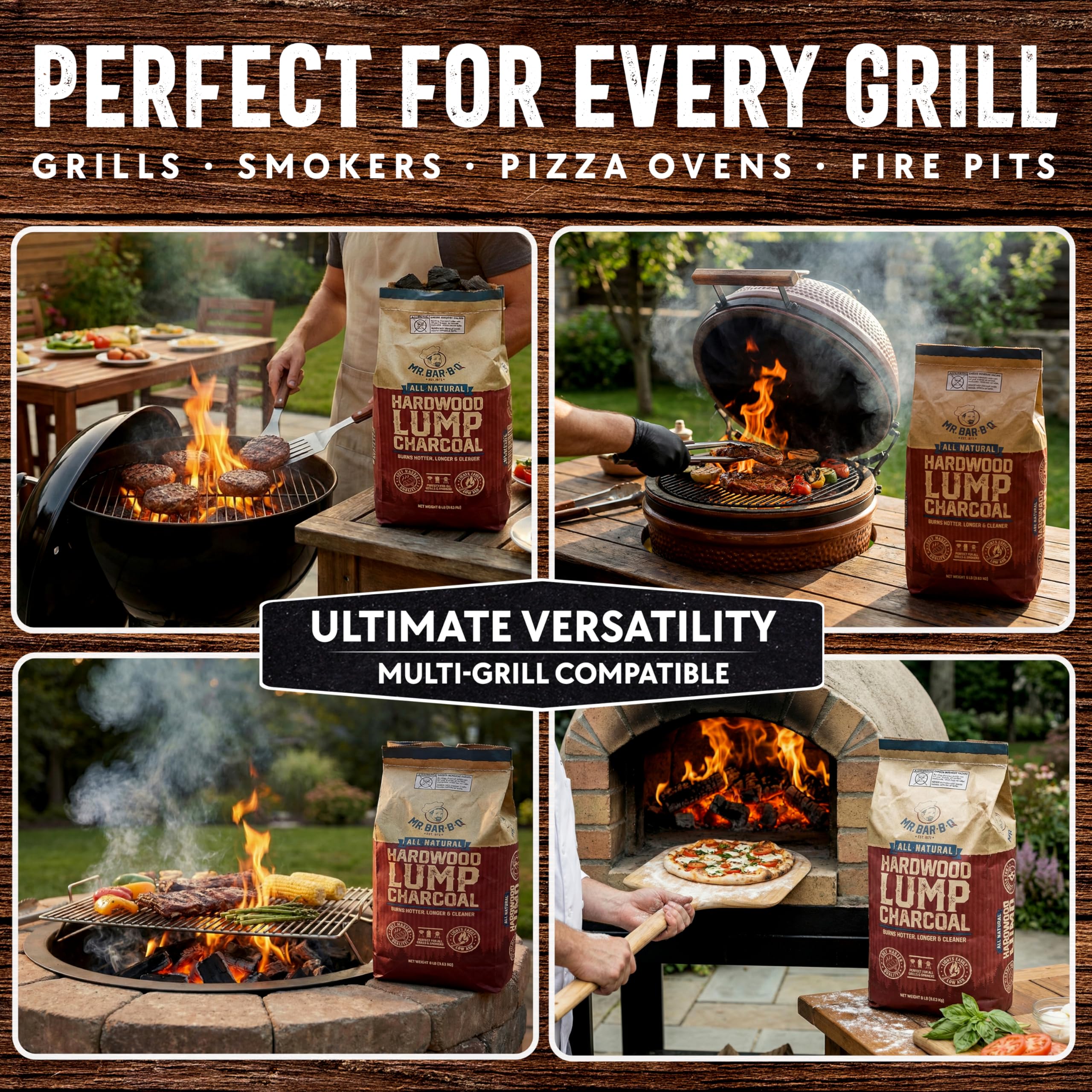 Mr. Bar-B-Q - Carbón de madera dura natural, fácil de encender y baja ceniza, se quema más caliente, más largo y más limpio para parrillas de madera dura natural para asar, ahumar, Kamado y parrillas