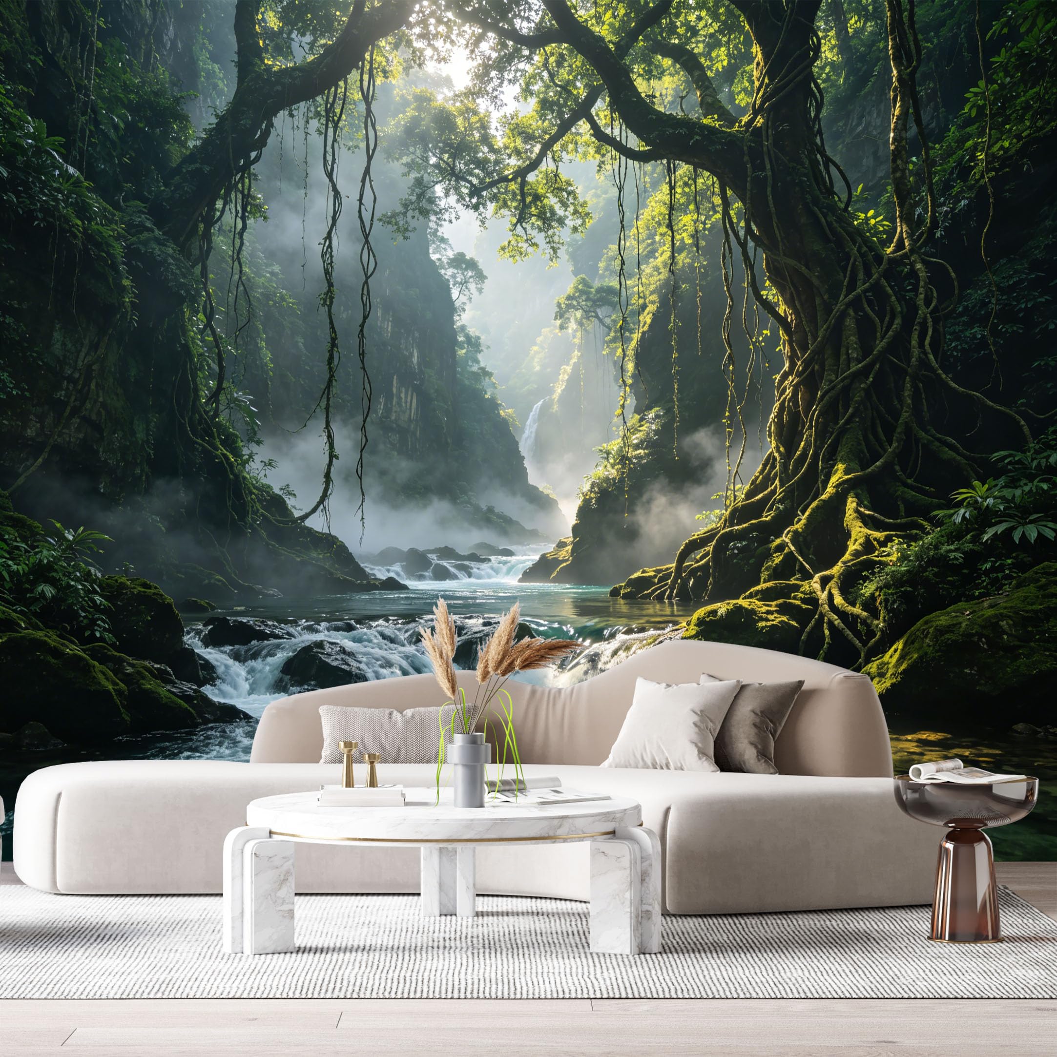Custom Size Wall Murals Tropical Jungle Landscape Waterfall Mist River Stones SelfAdhesive Wall Fabric Removable Large Wallpaper Photo for Living Room Decor Interior