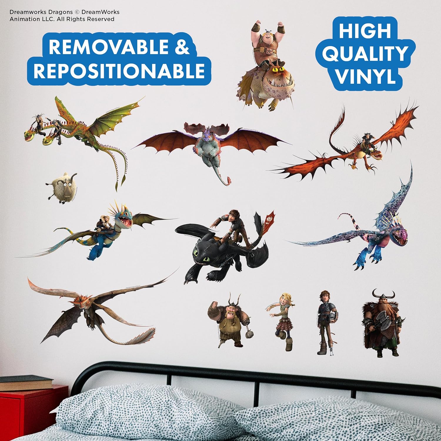 How to Train Your Dragon Wall Decals - Set of 13 Removable Vinyl Stickers for Kids Bedroom Playroom Bathroom - Peel and Stick Room Décor