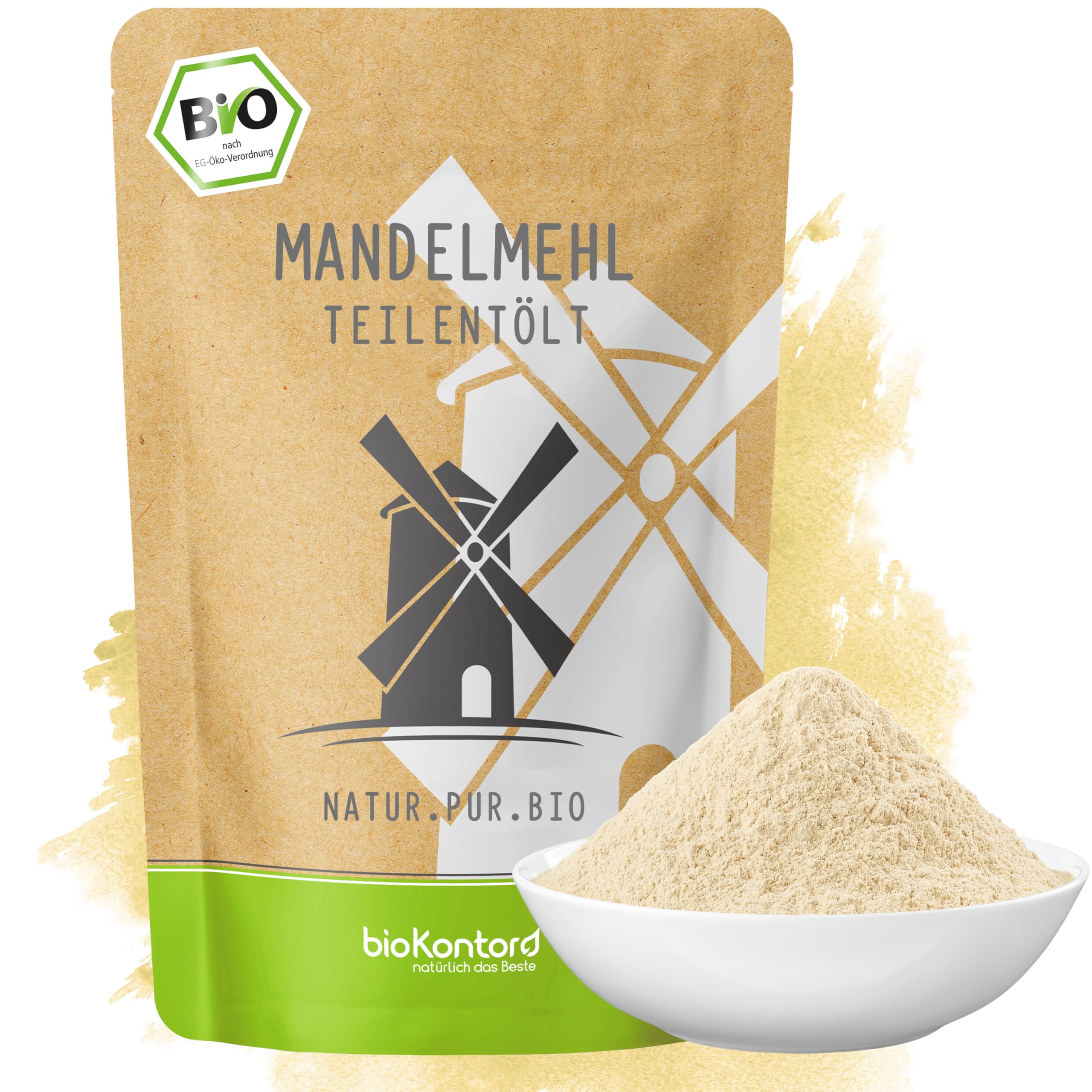 bioKontor – BIO Mandelmehl teilentölt 1000g – Mandelmehl zum Backen low carb – hoher Proteingehalt – deutsche Handabfüllung – proteinreiche Alternative zu Weizenmehl – entöltes Mehl aus Mandeln