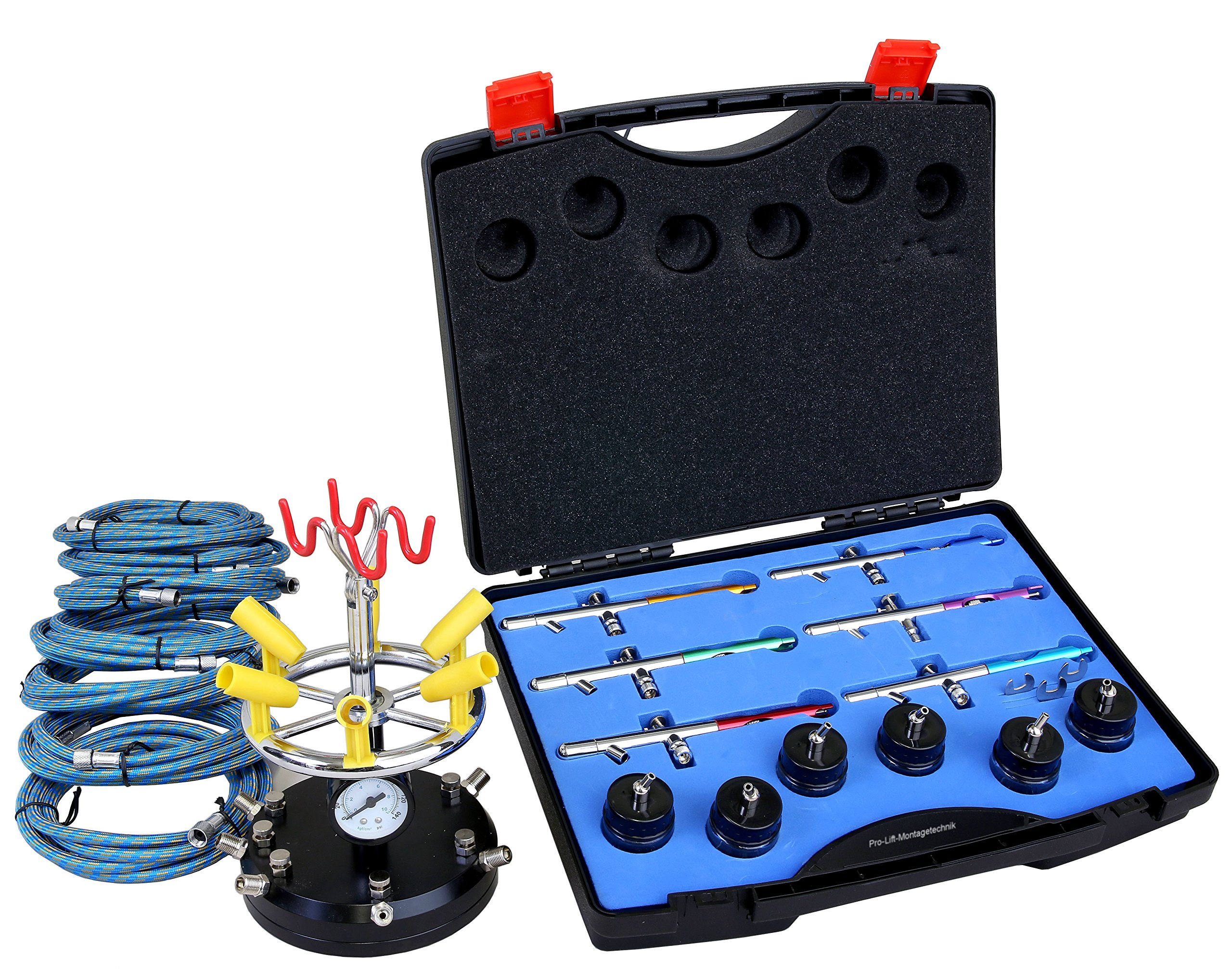 Airbrush Komplettset mit 6 Airbrushpistolen, 6 Schläuche + Pistolenhalter Studio Modellbau Set Spritzpistolen