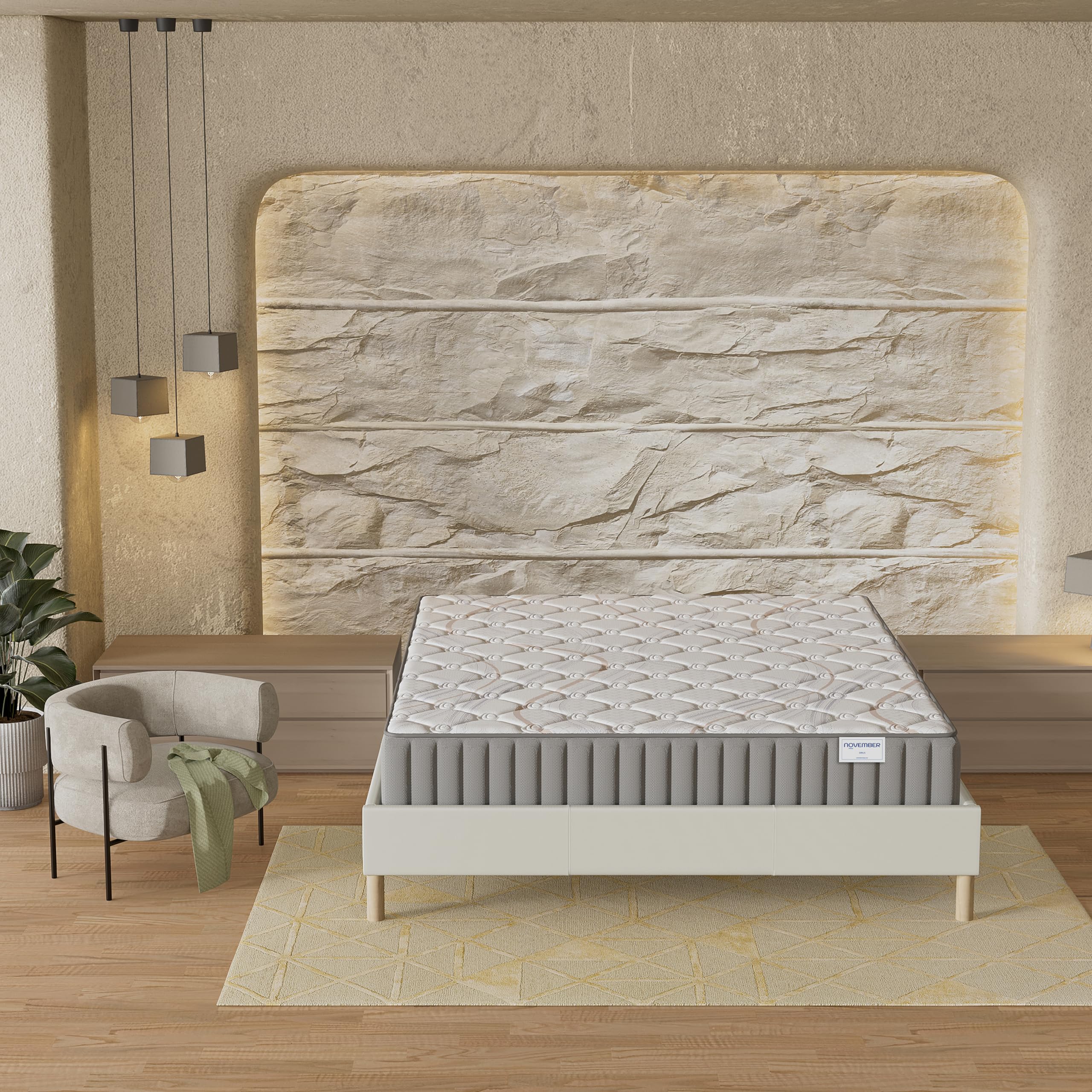 NOVEMBER- Ensemble Matelas + sommier (120 x 190cm) - Matelas Sirius Latex Naturel & Mousse Haute Densité d’épaisseur 16cm + Sommier Bois Stable & Robuste revêtement Tissu Blanc