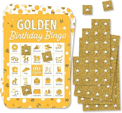 Big Dot of Happiness Golden Birthday - Juego de 18 tarjetas y marcadores de bingo con imágenes - Juego de bingo para fiesta de cumpleaños
