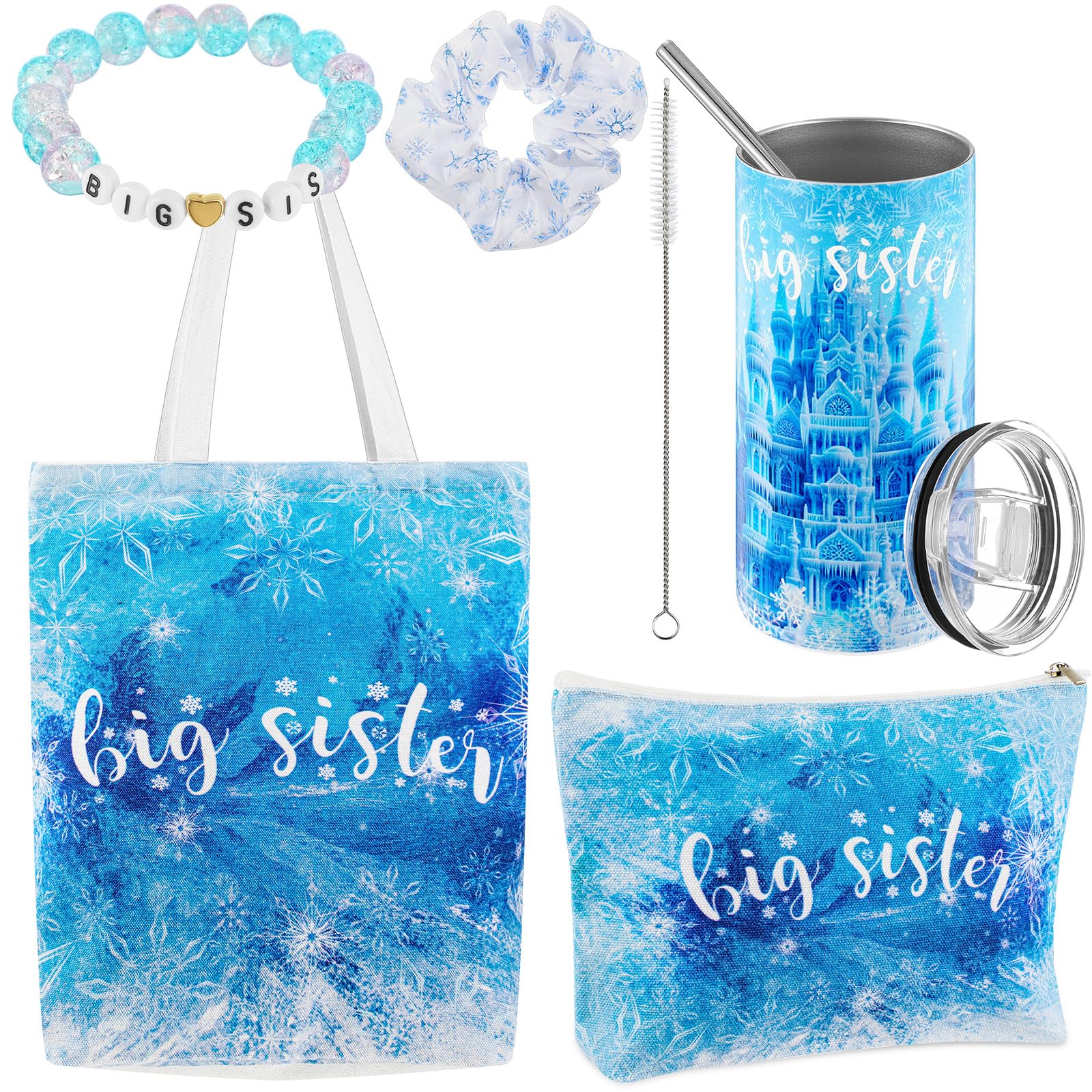 Sieral 5 Pcs Winter Snowflake Big Sister Gifts for Girls Blue Big Sister Makeup Bag Canvas Tote Bag 14oz Stainless Steel Tumbler with Straw Scrunchies