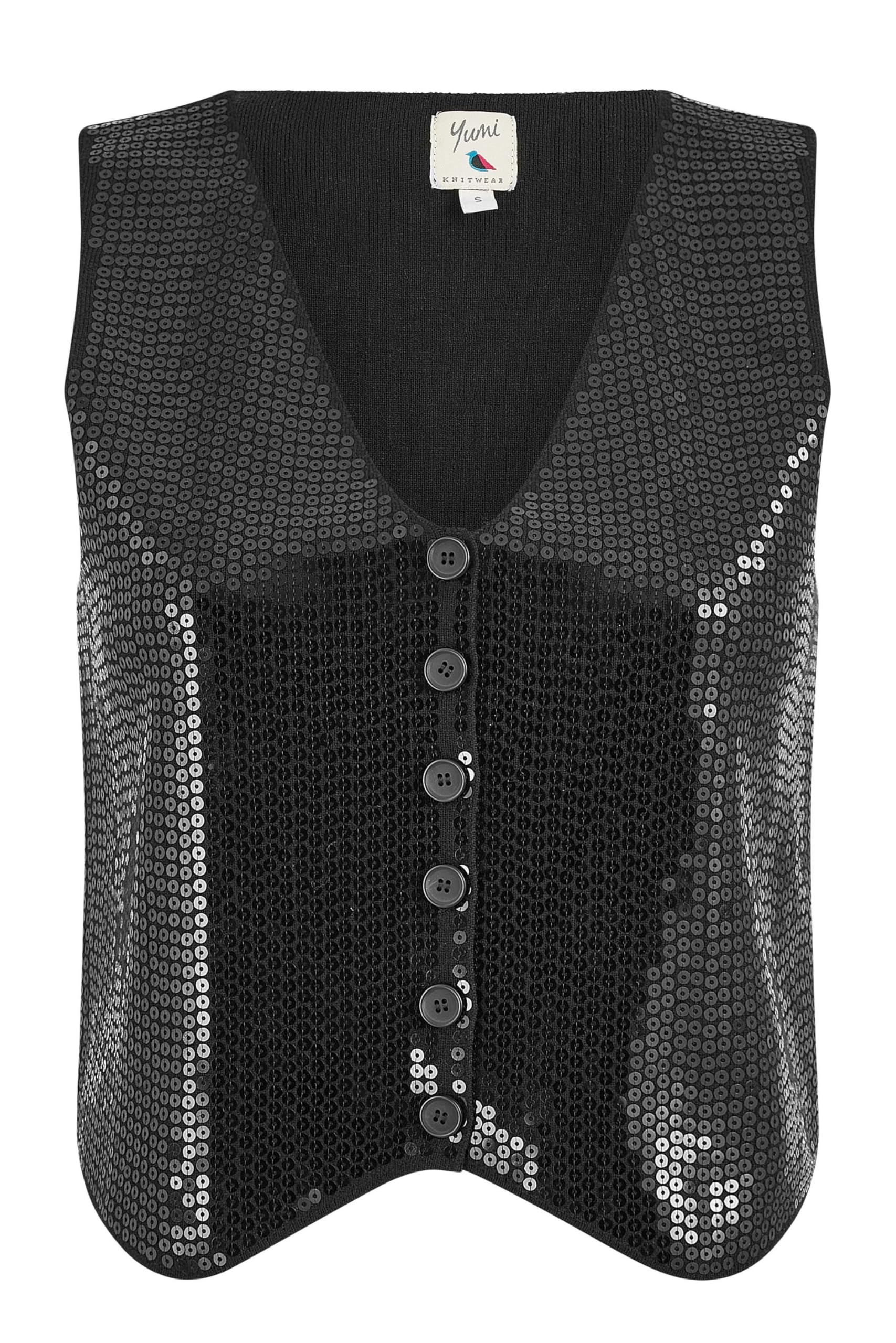 Yumi Women's Black Sequin Waistcoat With Knitted Back | Size: 14