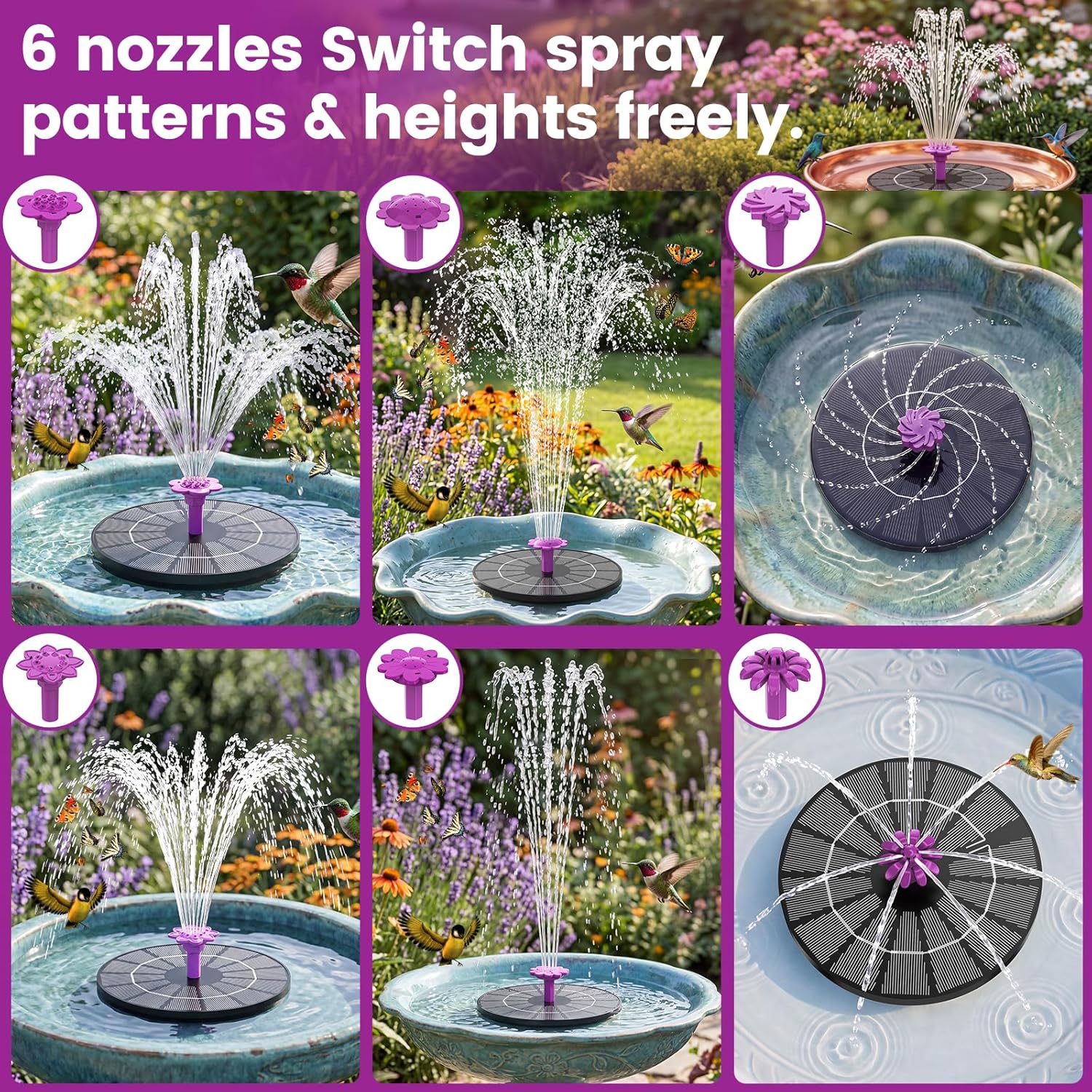 Solar Fountain for Bird Bath 4W Solar Powered Water Fountain Pump Outdoor Water Fountain with 6 Nozzles for Hummingbirds, Garden, Pool, Pond