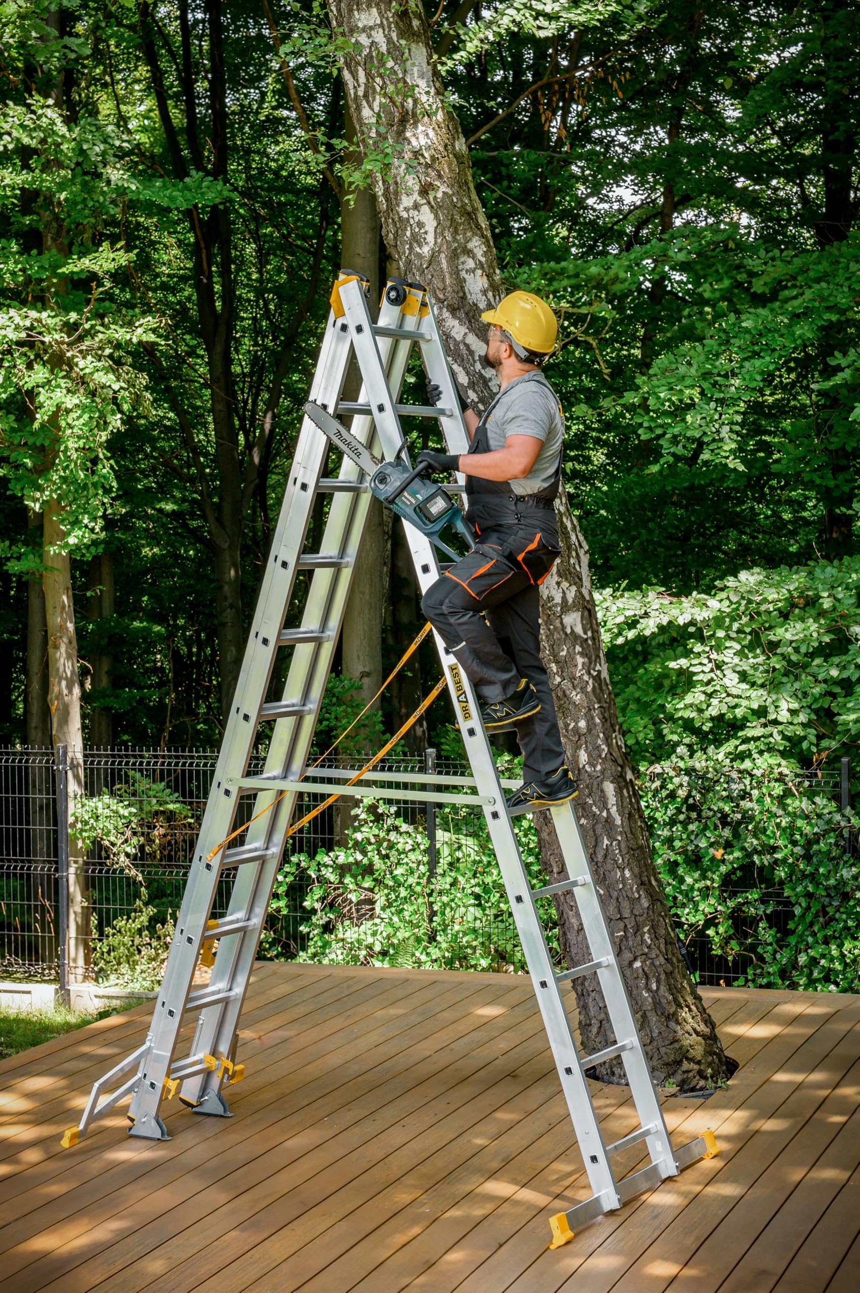 DRABEST - MAX Scala Pieghevole Professionale in Alluminio - 3 x 11 Gradini -7,61 m - Industriale - fino a 150 kg - 3 Sezioni - Per Edilizia - Multiuso - Allungabile - Regolabile - Scaletta