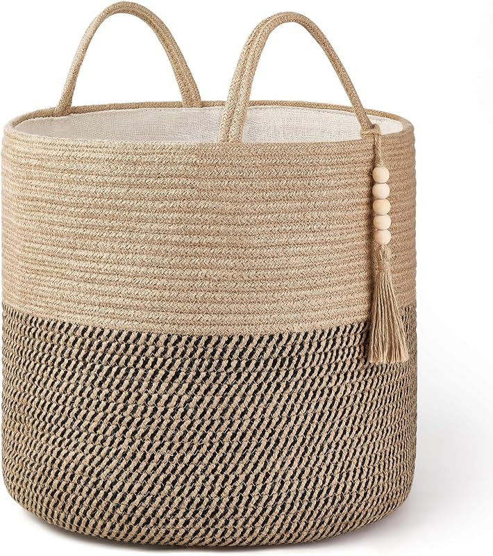 Cesta de almacenamiento tejida Mkono para manta, organizador de plantas de juguetes, 16 pulgadas de ancho x 13,8 pulgadas de largo | Amarillo y negro, cesta decorativa con asa, borla de cuentas de madera, contenedor de almacenamiento de ropa para zapatos, sala de estar, dormitorio, guardería