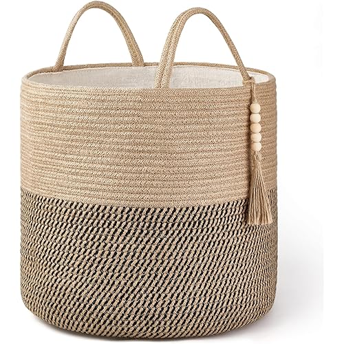 Mkono Woven Storage Basket Decorative Rope Basket Wooden Bead Decoration for Blankets,Toys,Clothes,Shoes,Plant Organizer Bin with Handles Living Room Home Decor, Yellow and Black, 16" W × 13.8"