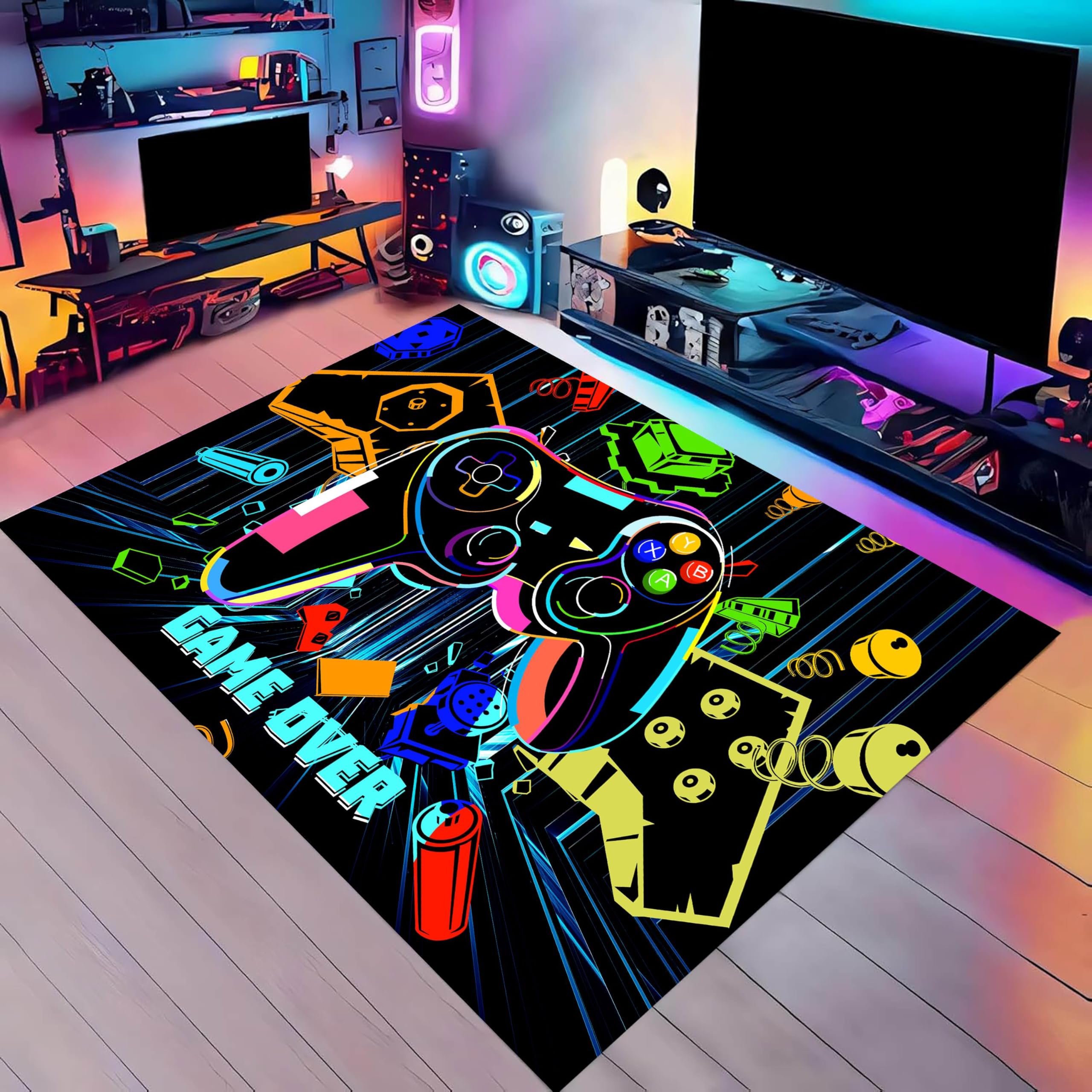 SOJAWA Game Area Rug, 60x110cm 3D Cool Colorful Neon Gamepad Rug, Teen Boy Bedroom Play Room Decorative Floor Rugs, Stylish Modern Non-Slip Washable Living Room Sofa Bedside Carpet