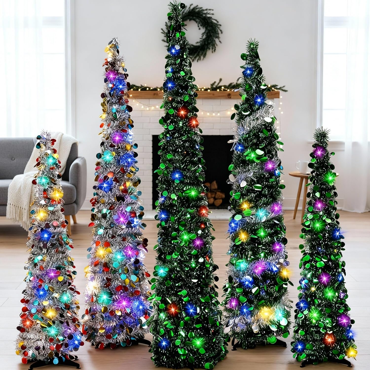 5 Pcs 4/5/6 ft Pop up Christmas Tree with Light Collapsible Christmas Tinsel Pencil Tree with 300 Multicolor LED Lights for Xmas Home Fireplace Party Indoor Outdoor Holiday Decoration
