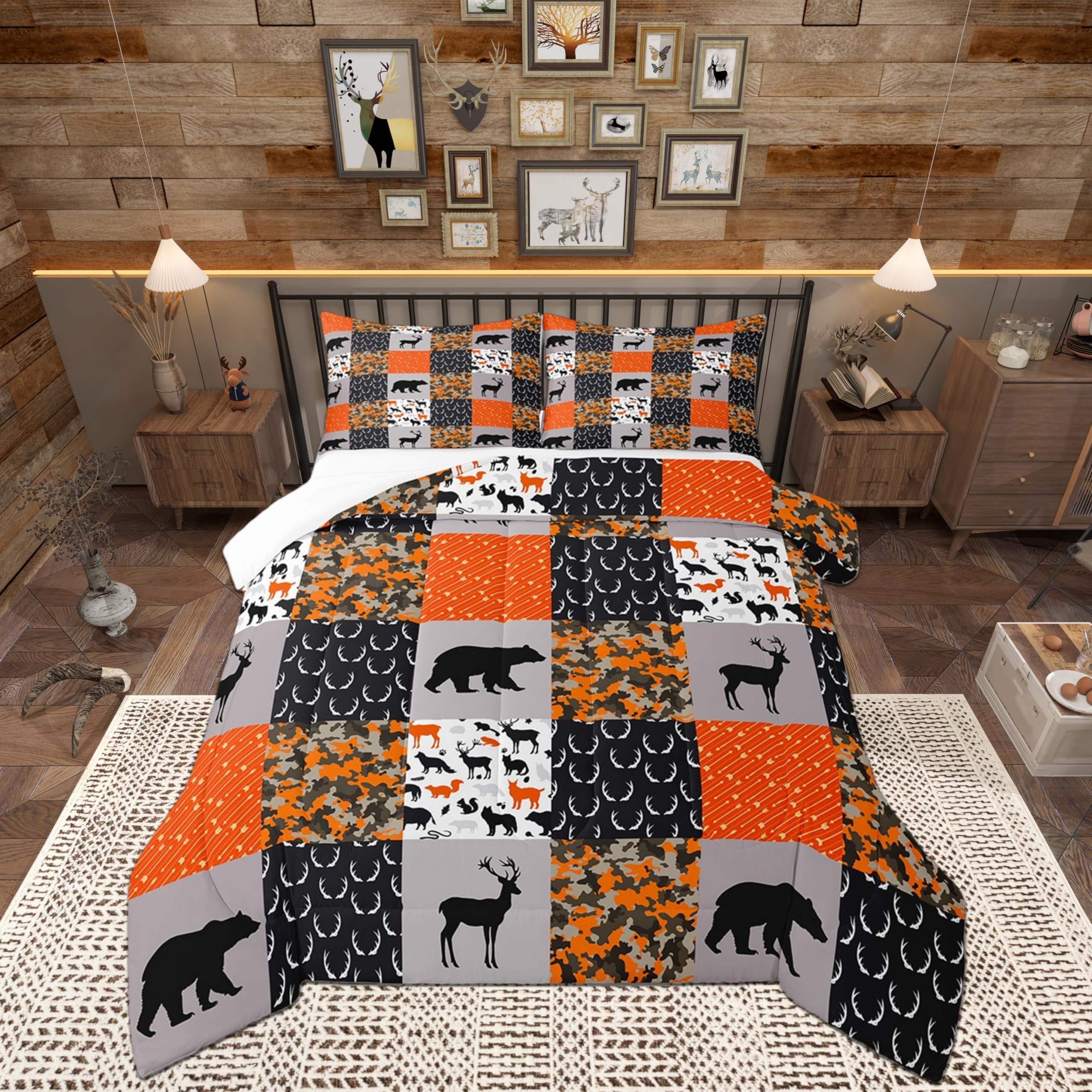 Castle Fairy Camo Deer Antler Comforter Set King Size,Deer Bear Wildlife Arrow Hunting Bedding Set All Season Quilt Set,Orange Camouflage Plaid Grid