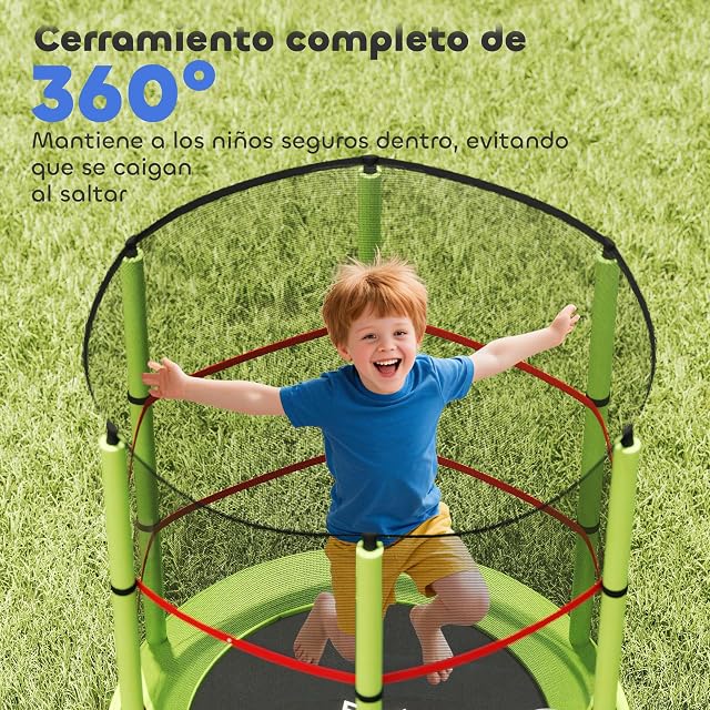 Foto 6 de 8 de HOMCOM Cama Elástica Infantil con Red 3-6 Años Ø140x190 cm Verde