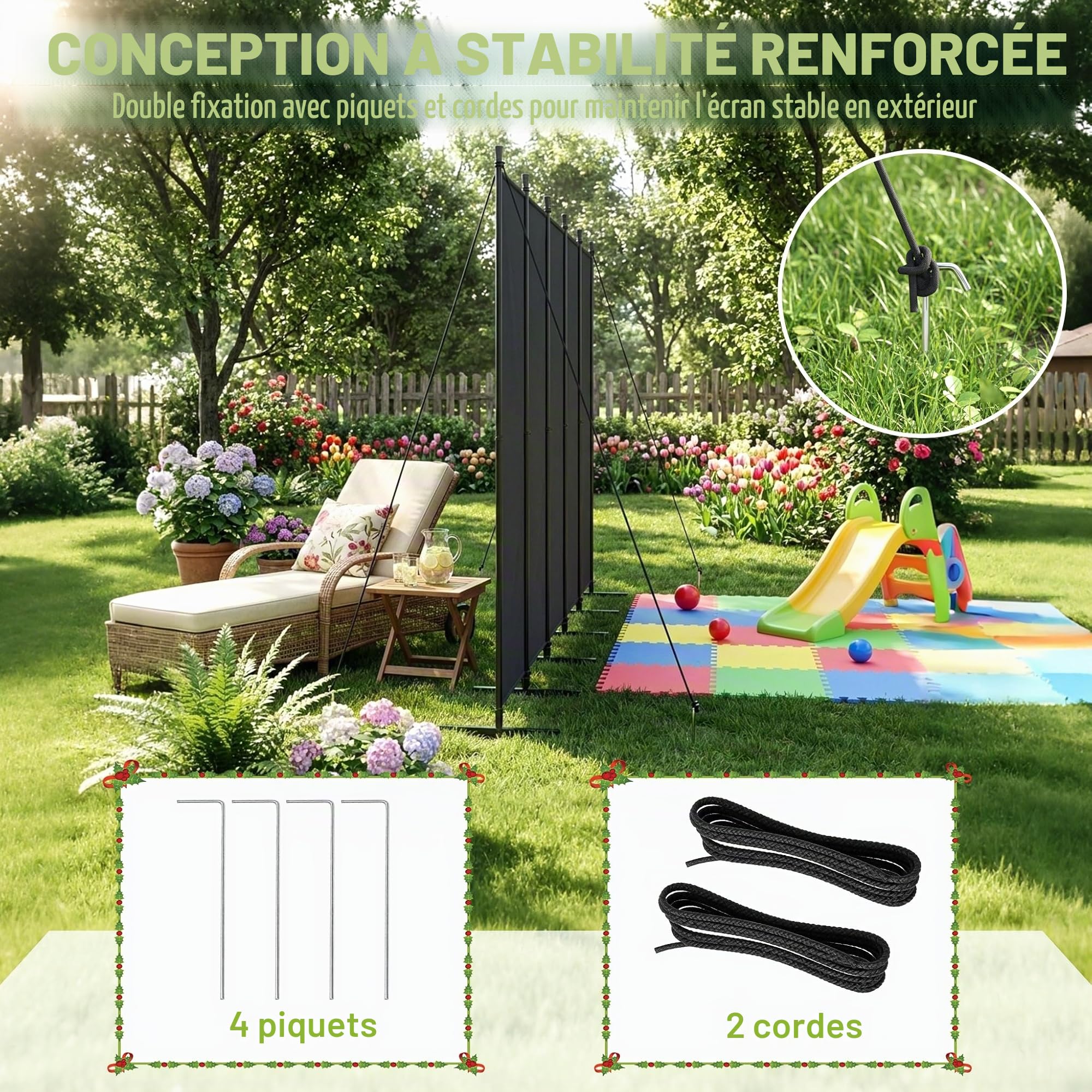 UISEBRT Paravent d'extérieur résistant aux intempéries, avec piquets et haubans, 4 pièces, 200 x 180 cm, pliable, autoportant, sans perçage, brise-vue mobile pour jardin, terrasse, balcon, gris clair