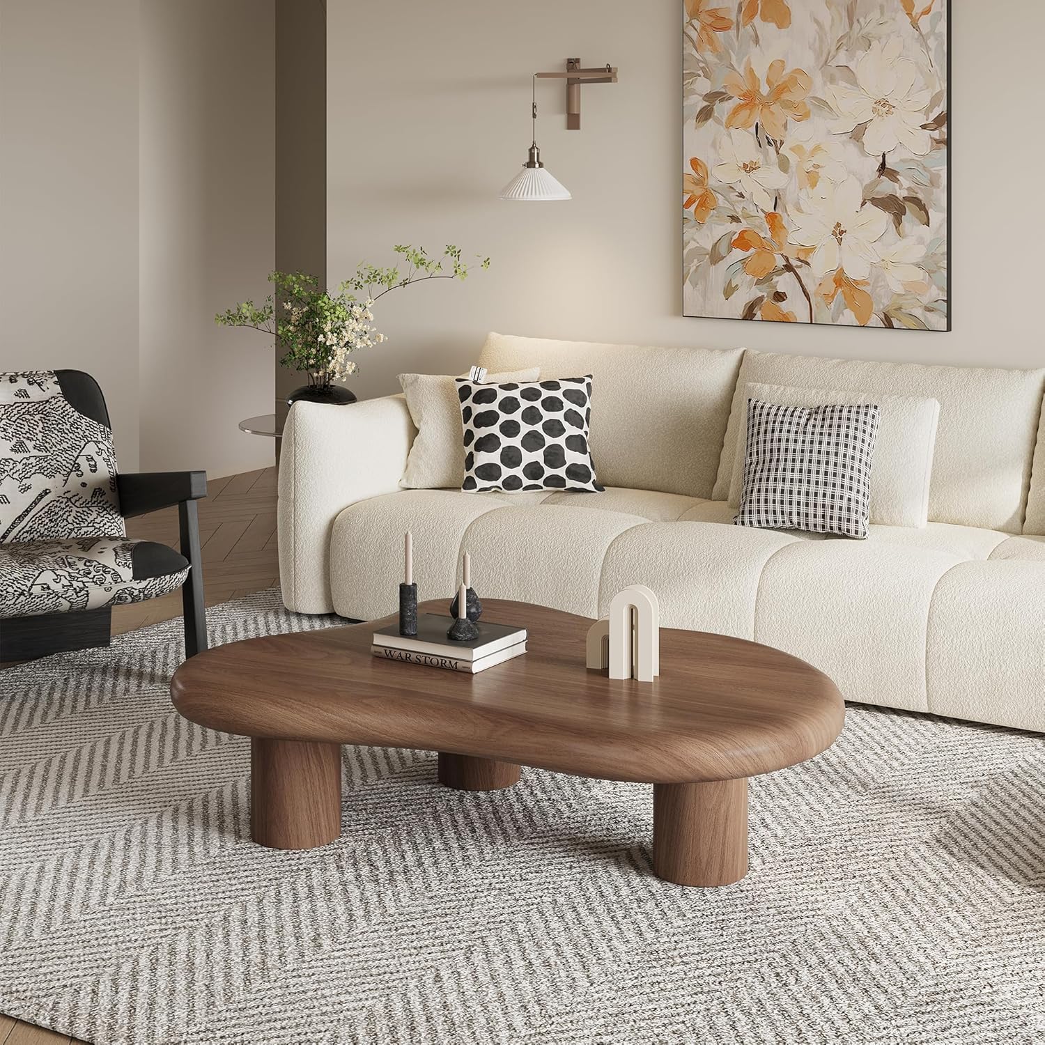 48.42" Modern Cloud Coffee Table for Living Room, Dark Brown Wood Coffee Table with 3 Sturdy Legs, Mid-Century Modern Tea Table Living Room Table for Home Office