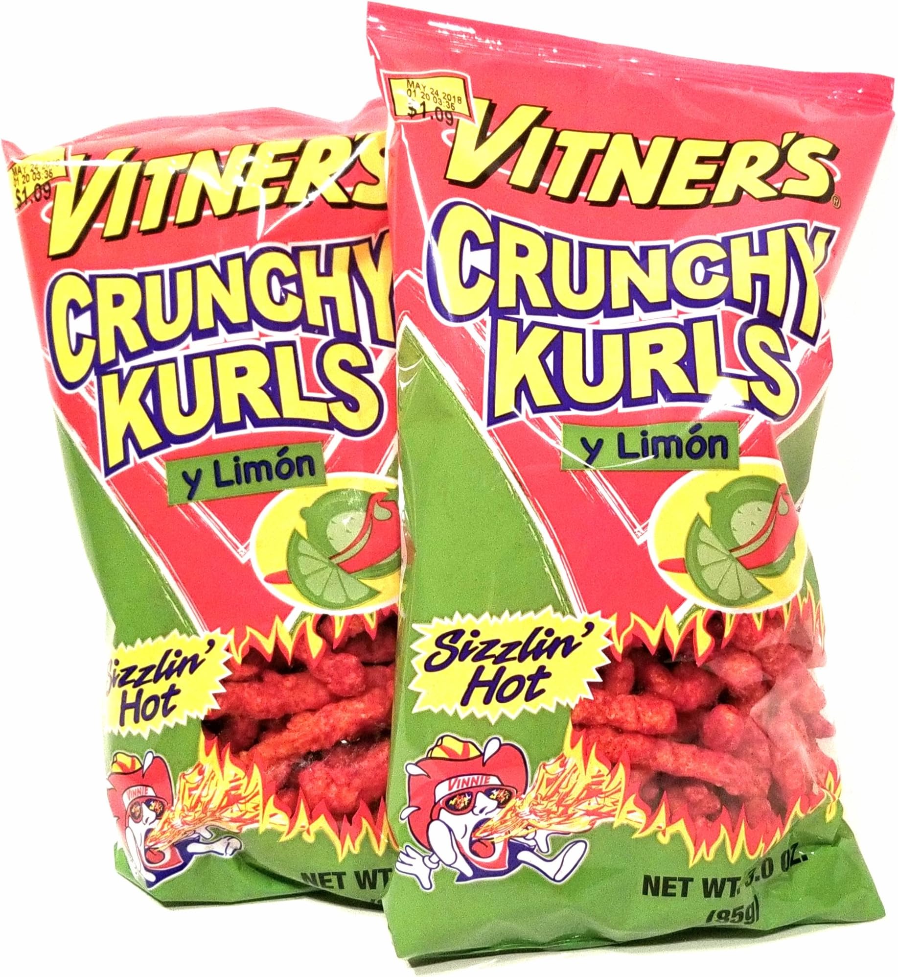 Vitner's Sizzlin' Hot Crunchy Curls Y Limon Lime Flavored A Chicago Snack 2 3oz Bags