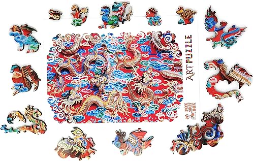 Miniatura 5 de Rompecabezas de madera para adultos, piezas de forma única, fabricado en los Estados Unidos por FoxSmartBox - 290 piezas - Misterio del dragón dorado