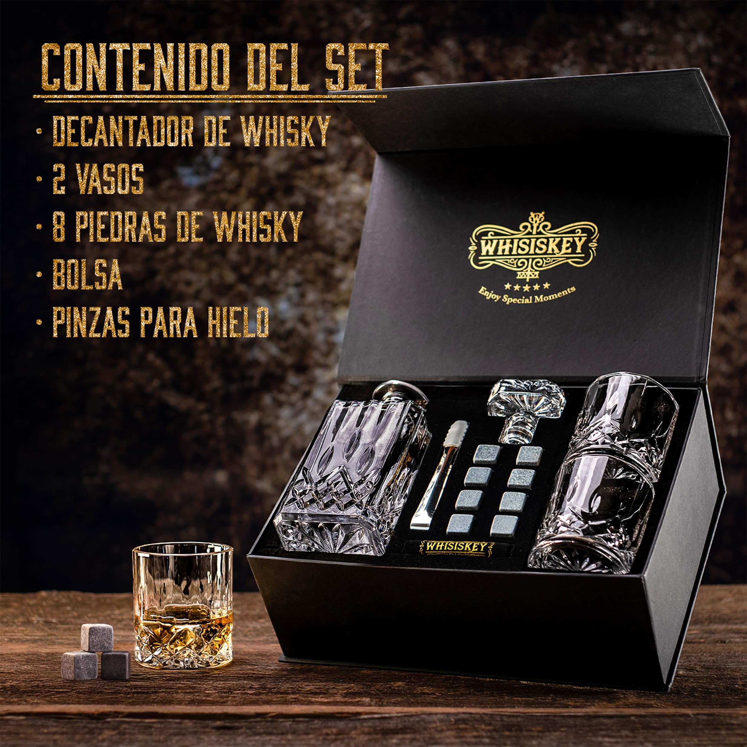 WHISISKEY Decantador de Whisky - Jarra de Whisky 700ml - Set de Regalo | Regalos Originales para Hombres - 2 Vasos de Whiskey x 310ML, 8 Piedras de Whisky, Accesorios - Set de Regalo de Whisky