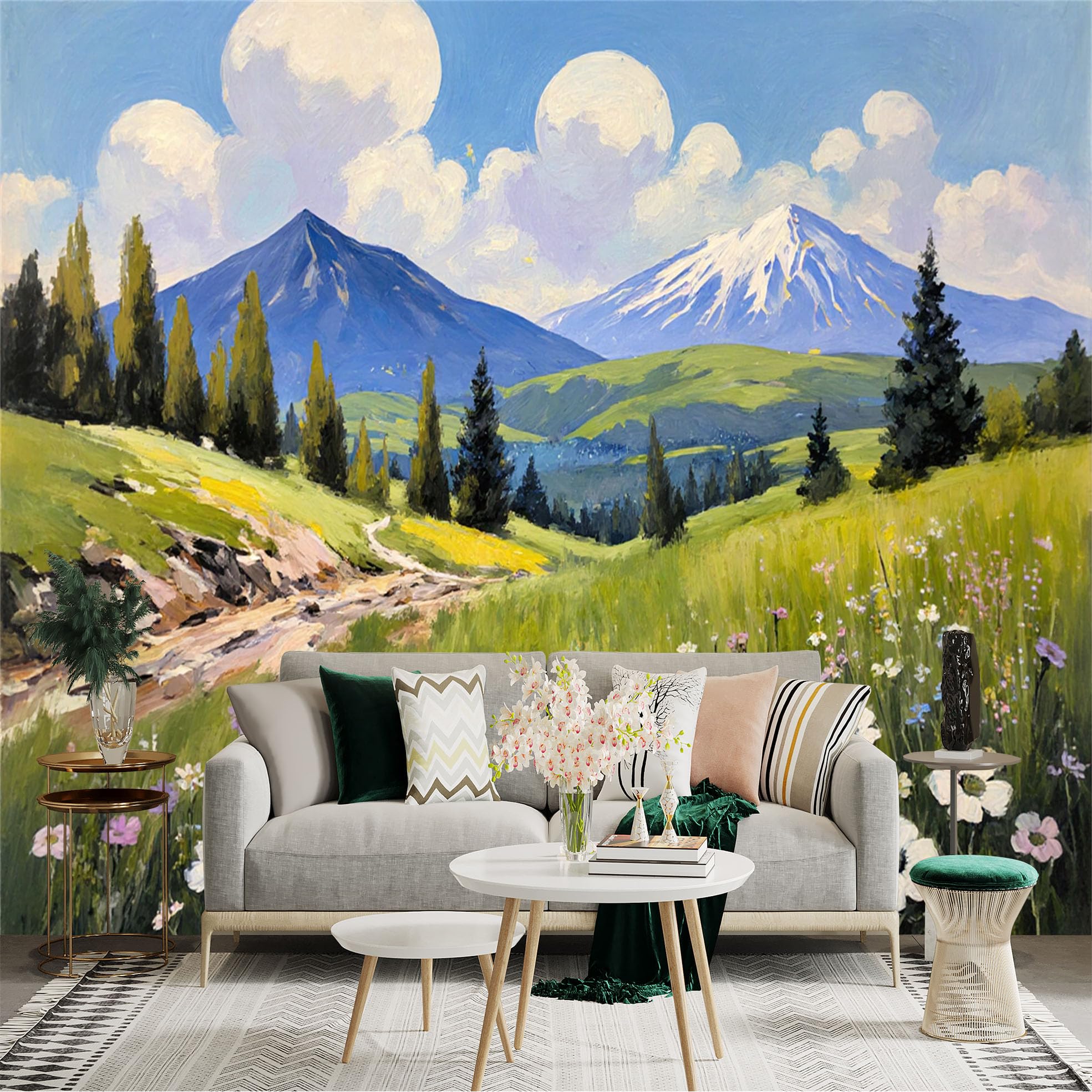 Lnzczhyre Xc260505143 Custom Size Wall Sticker Mural， Impressionist Mountain Landscape， Wildflower Meadow， Pine Trees And Blue Sky， For Wall Decoration， Peelandstick Wall Decals.