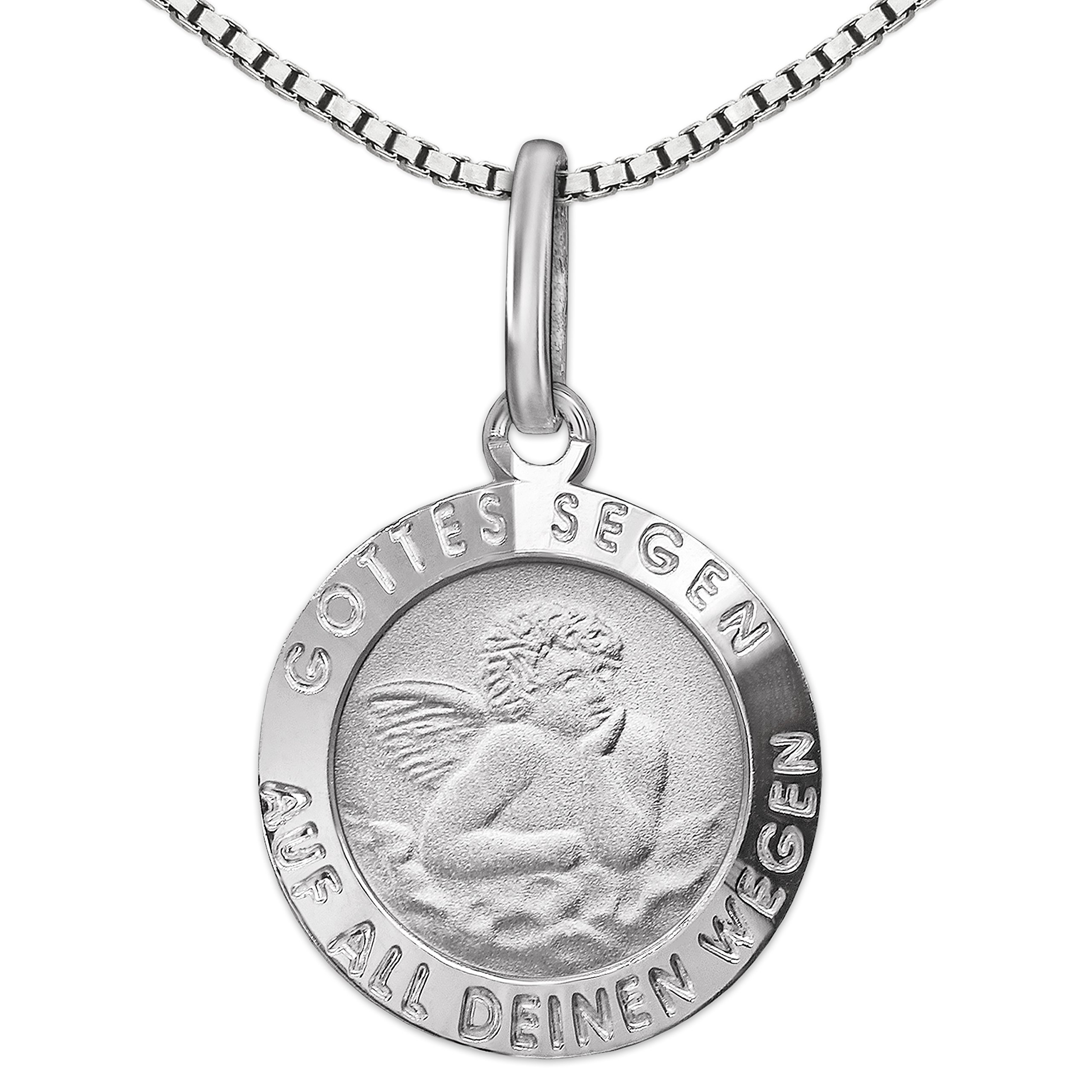 CLEVER SCHMUCK srebrna zawieszka dla dzieci w kształcie aniołka Ø 12 mm Boża błogosławieństwo z tyłu do świętego chrztu i łańcuszka Venezia 36 cm srebro wysokiej próby 925 dla dziewcząt i chłopców w etui na chrzest białe