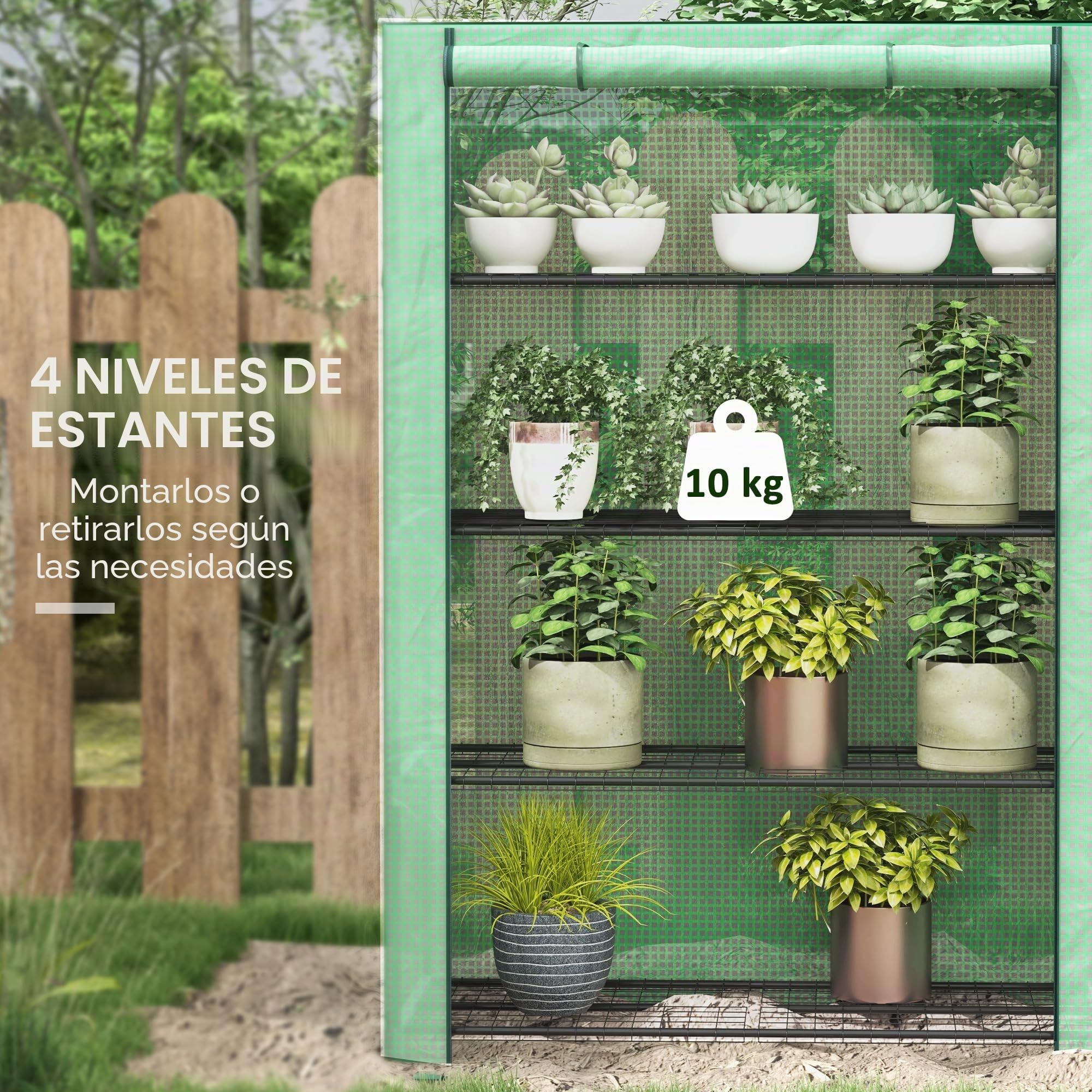 Outsunny Invernadero 4 Niveles PE Reforzado 170x120x50 cm Verde | Invernadero portátil, puerta enrollable, estanterías de alambre