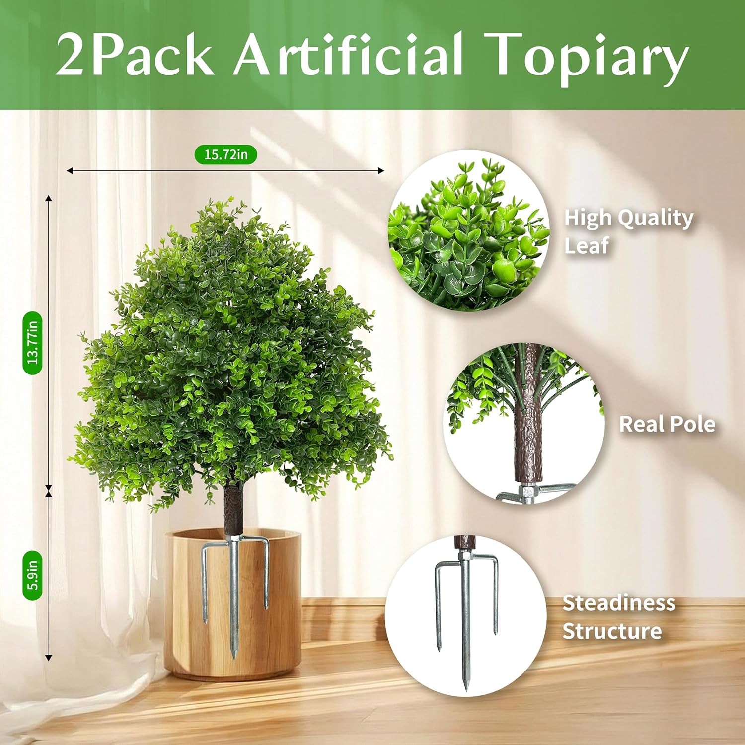 23.5 Inch Faux Boxwood Topiary Bush Set of 2, Outdoor UV Protected Artificial Shrubs with Ground Spike for Front Porch, Garden, Balcony and Lawn Decoration