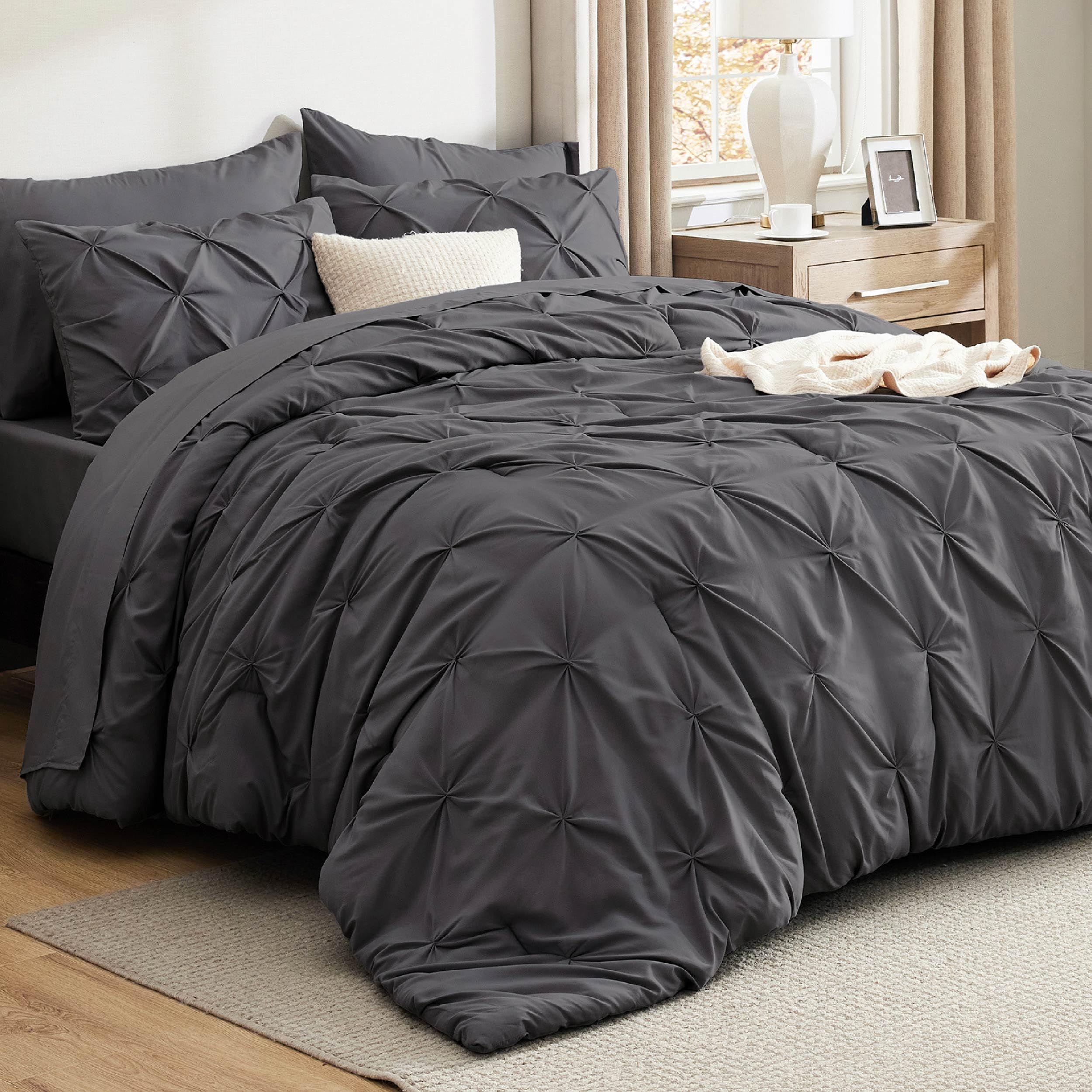 Bedsure Queen Comforter Set Dark Grey - Bed in a Bag Queen Size Bedding 7 Pieces, GentleSoft™ Pintuck Bed Set Gift for Family, Pinch Pleat All Season