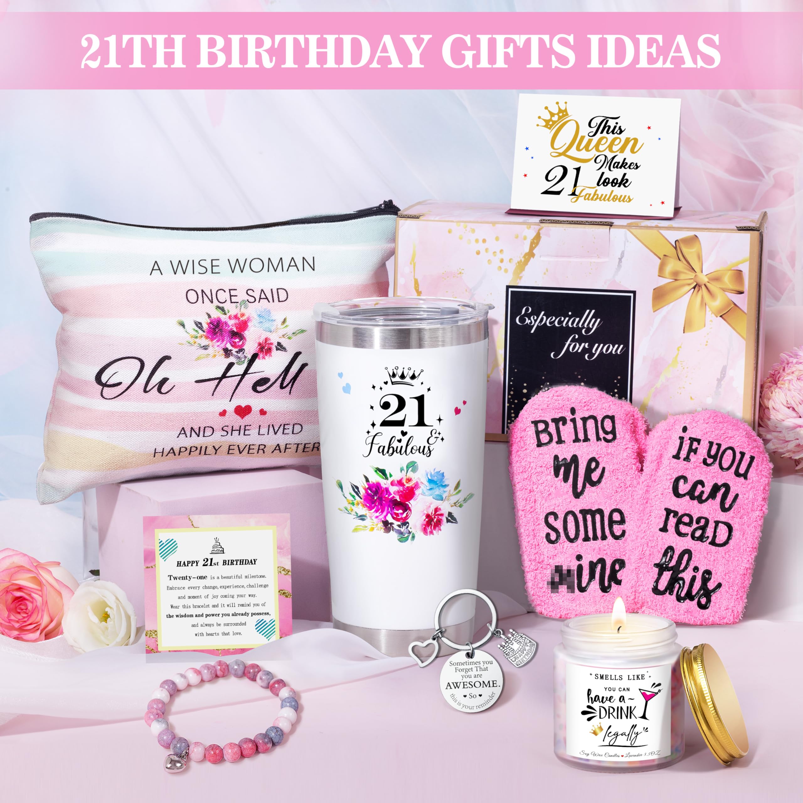 ShinnyWis 21st Birthday Gifts for Women Her,Happy 21st Birthday Basket Gifts Box for Her Daughter Sister Girlfriend,Tumblers Gifts Set for 21 Year Old Women,Funny 21 Birthday Gifts Ideas
