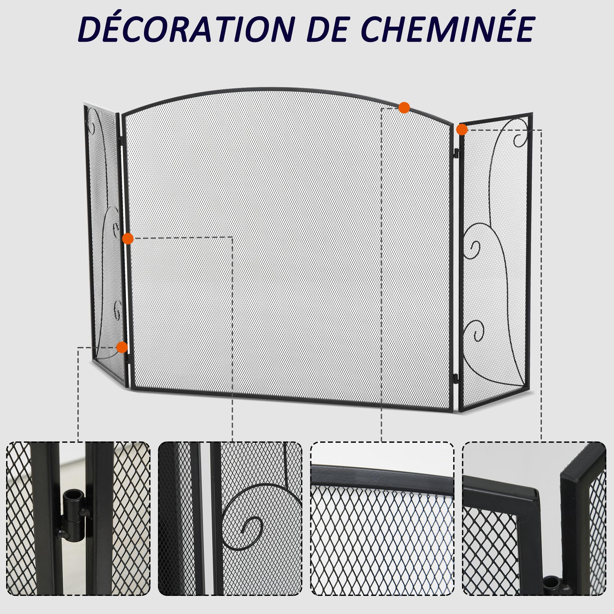 HOMCOM Pare-feu pour cheminée ou poêle Pare-étincelles 132,5Lx76,5H cm Noir