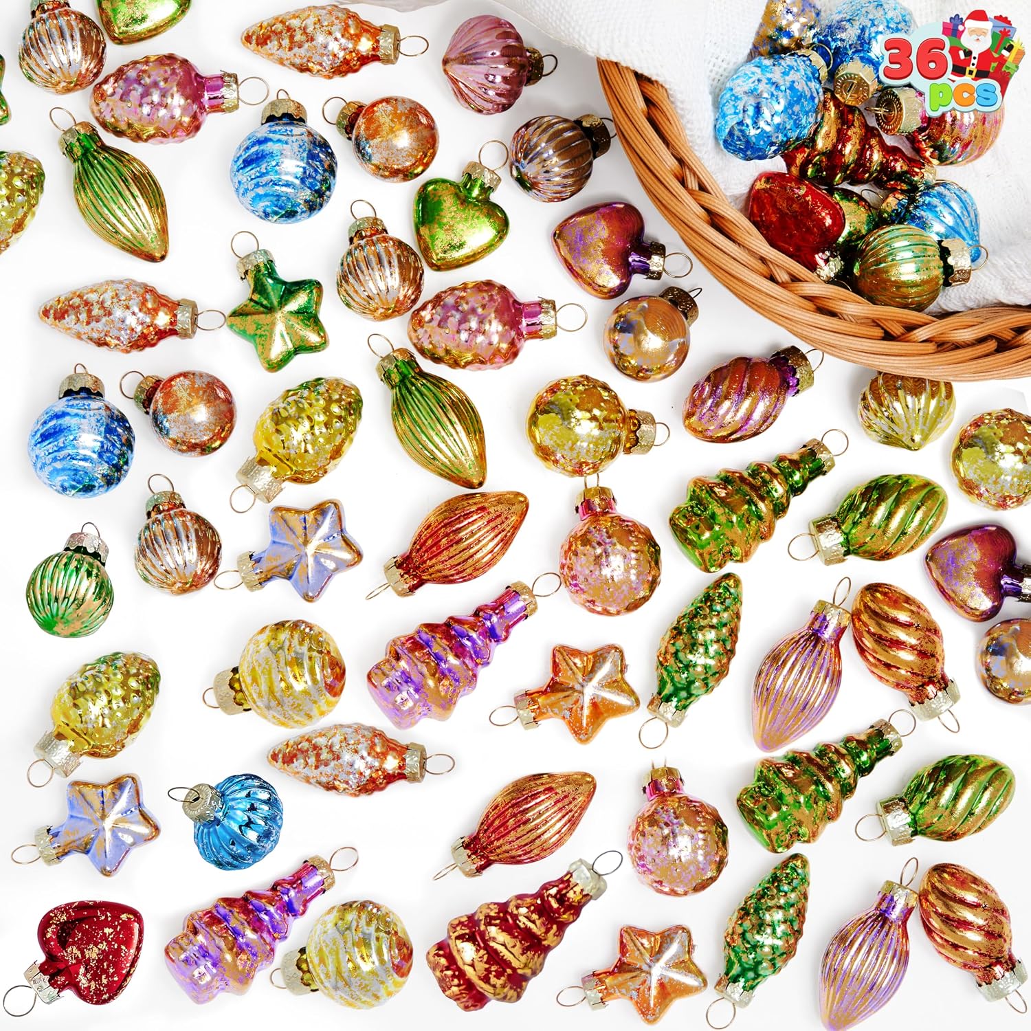 Joiedomi 36 Pcs Christmas Vintage Glass Ornaments, Retro Glitter Colorful Glass Mini Ornament for Christmas Tree Decorations, Antique Hanging Decoration for Present Indoor Outdoor Party