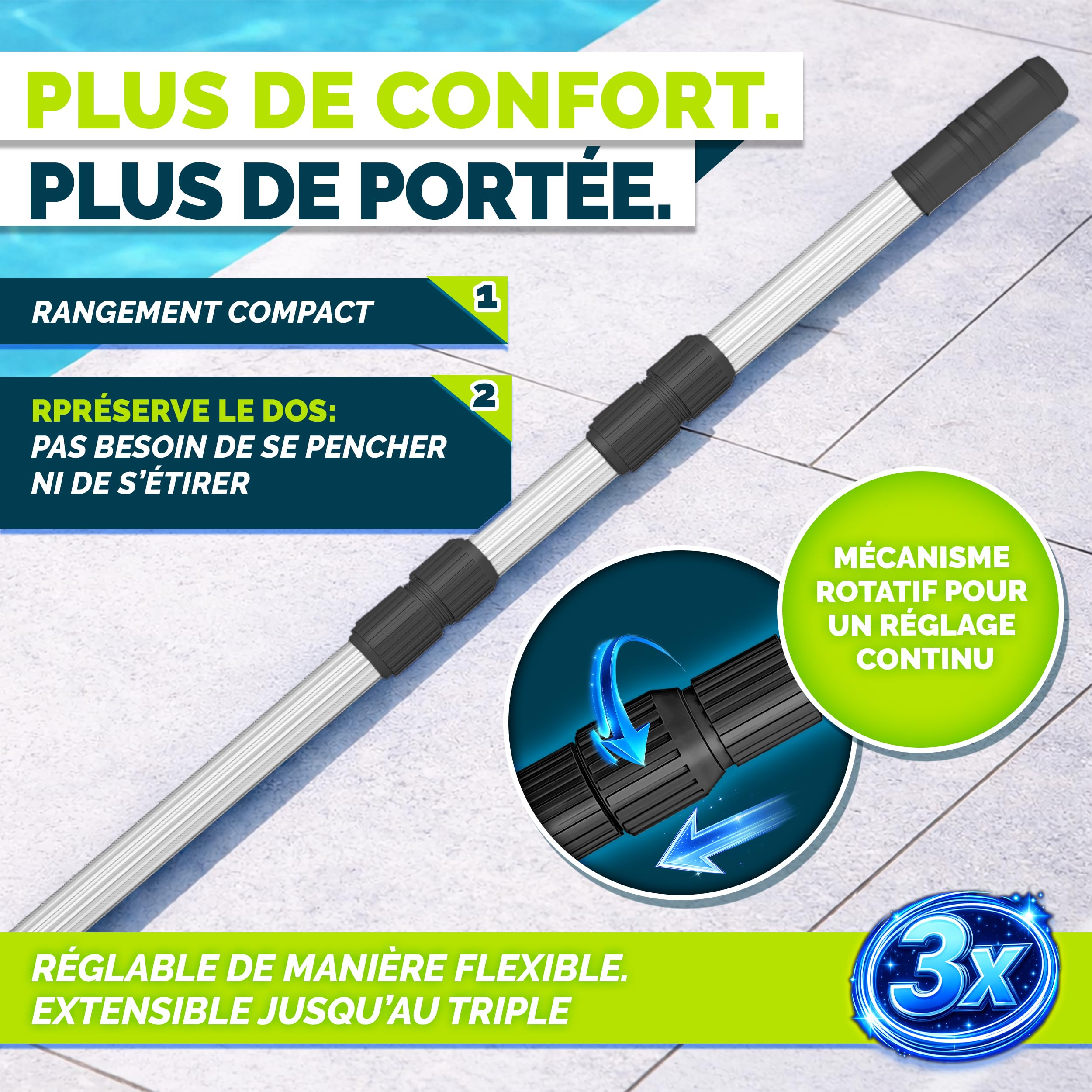tillvex Barre Télescopique en Aluminium 1,20-3,60 m | Perche Alu Régable et Extensible per Nettoyage de Piscine, Surfaces | avec 3 Parties (Anthracite