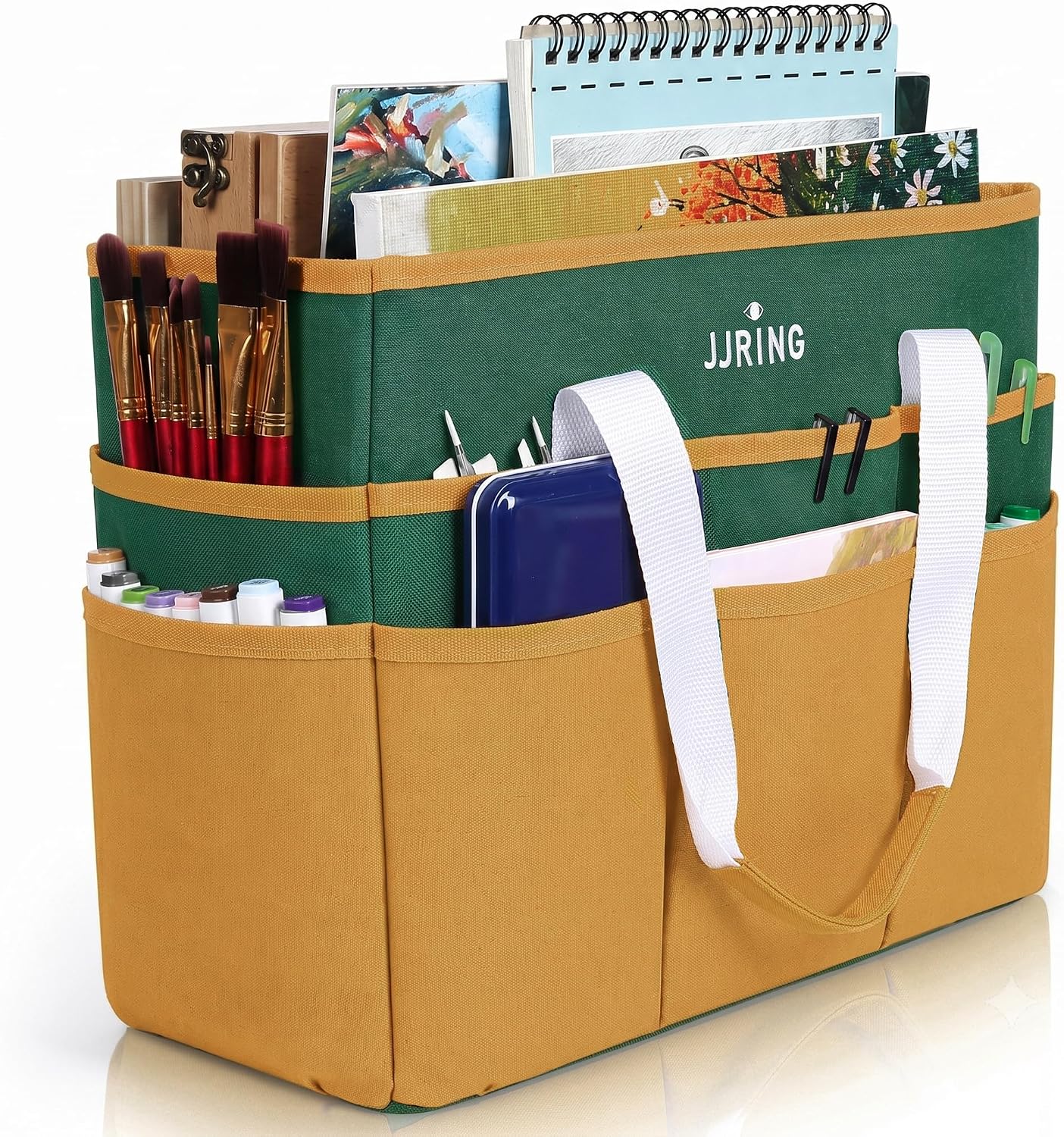 JJRING Craft Organizer Tote Bag Large Art Storage Caddy Deep Green&Yellow