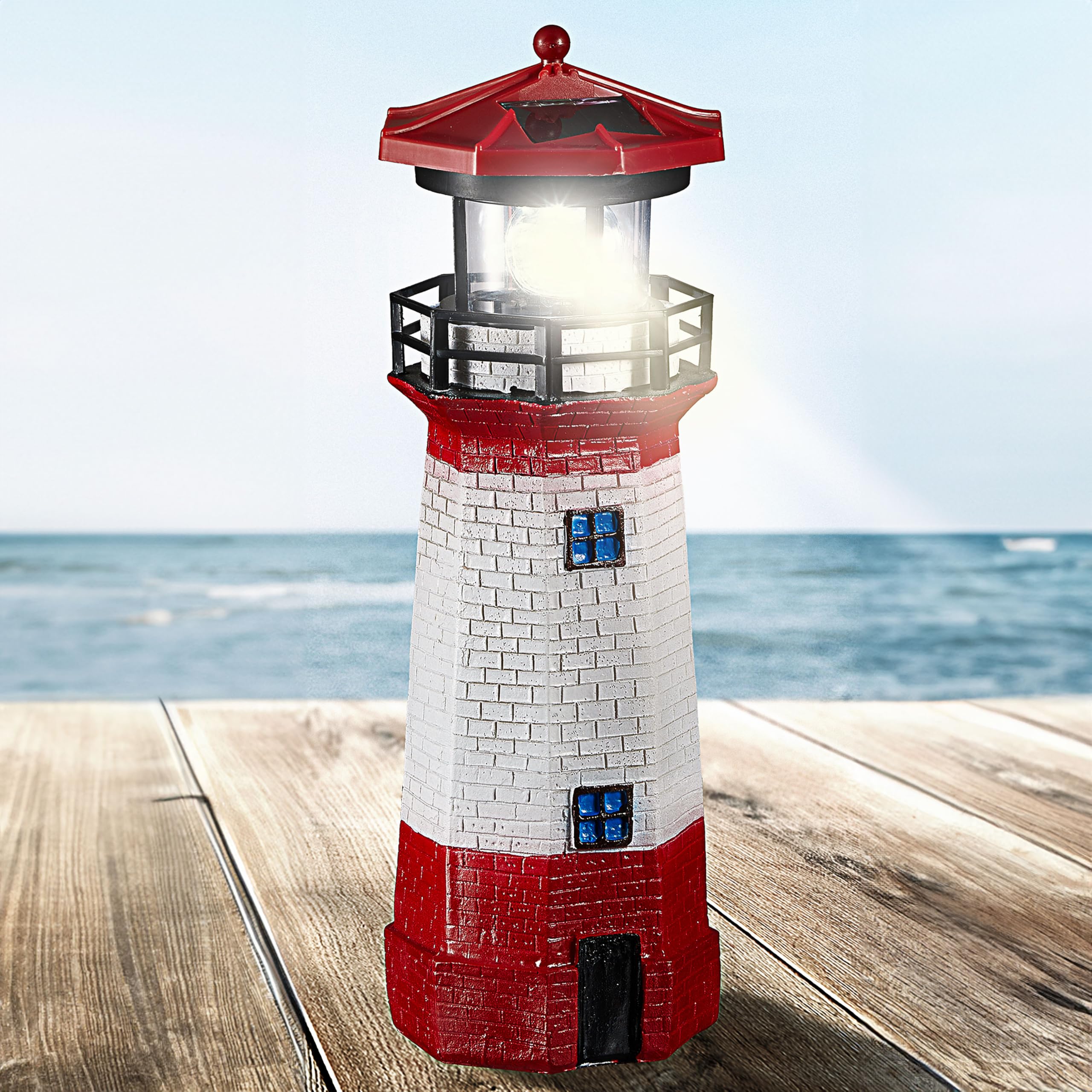 Cepewa Latarnia solarna LED, wys. 28 cm, czerwono-biała, dekoracja ogrodowa, latarnia morska, wieża, oświetlenie solarne (1 x solarna latarnia LED wys. 28 cm)