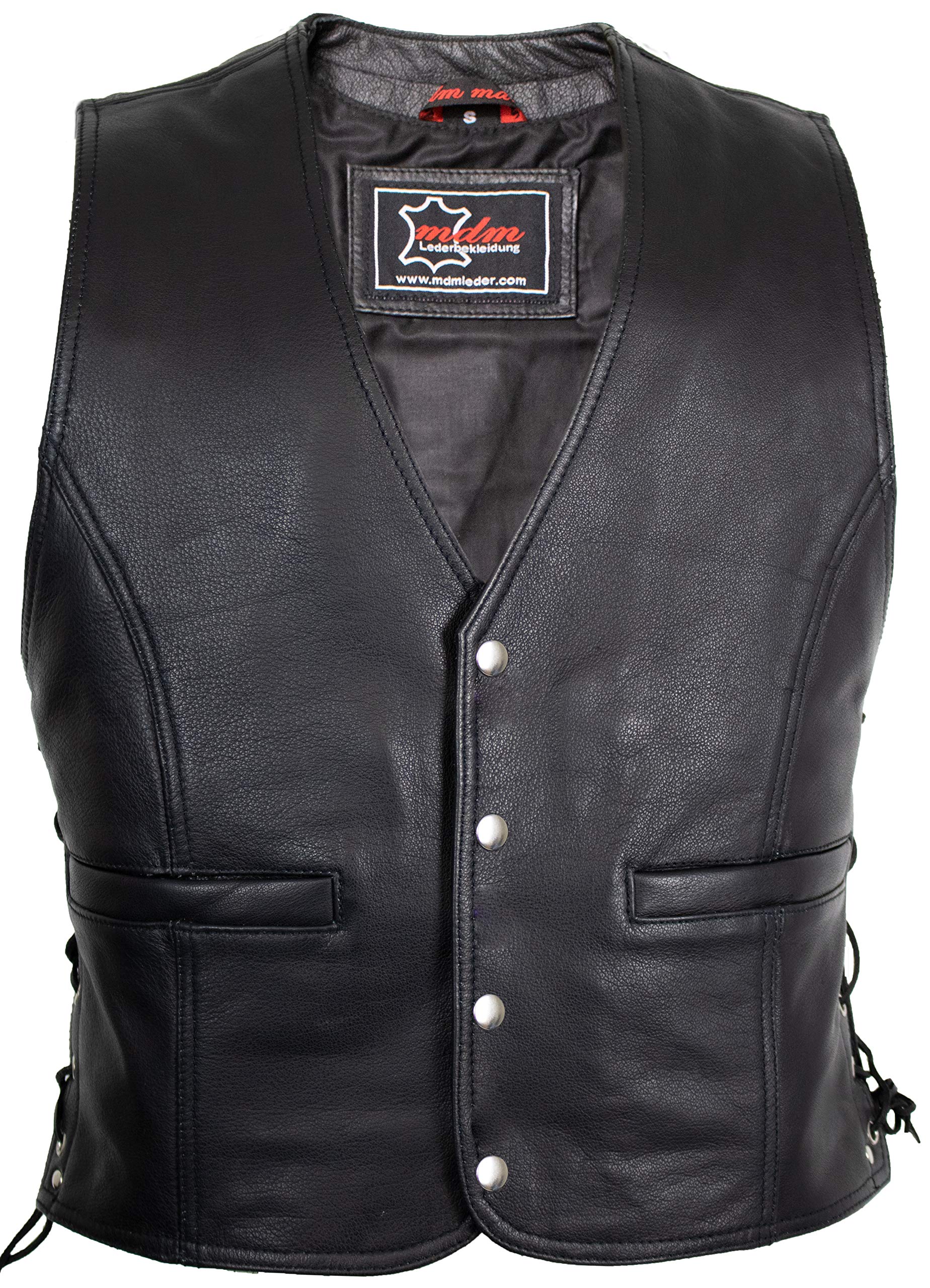 MDM Gilet in pelle uomo moto biker, Gilet moto uomo in vero cuoio bovino 1,2 mm, nero, con lacci laterali e tasche, Senza cucitura posteriore, ideale per patch