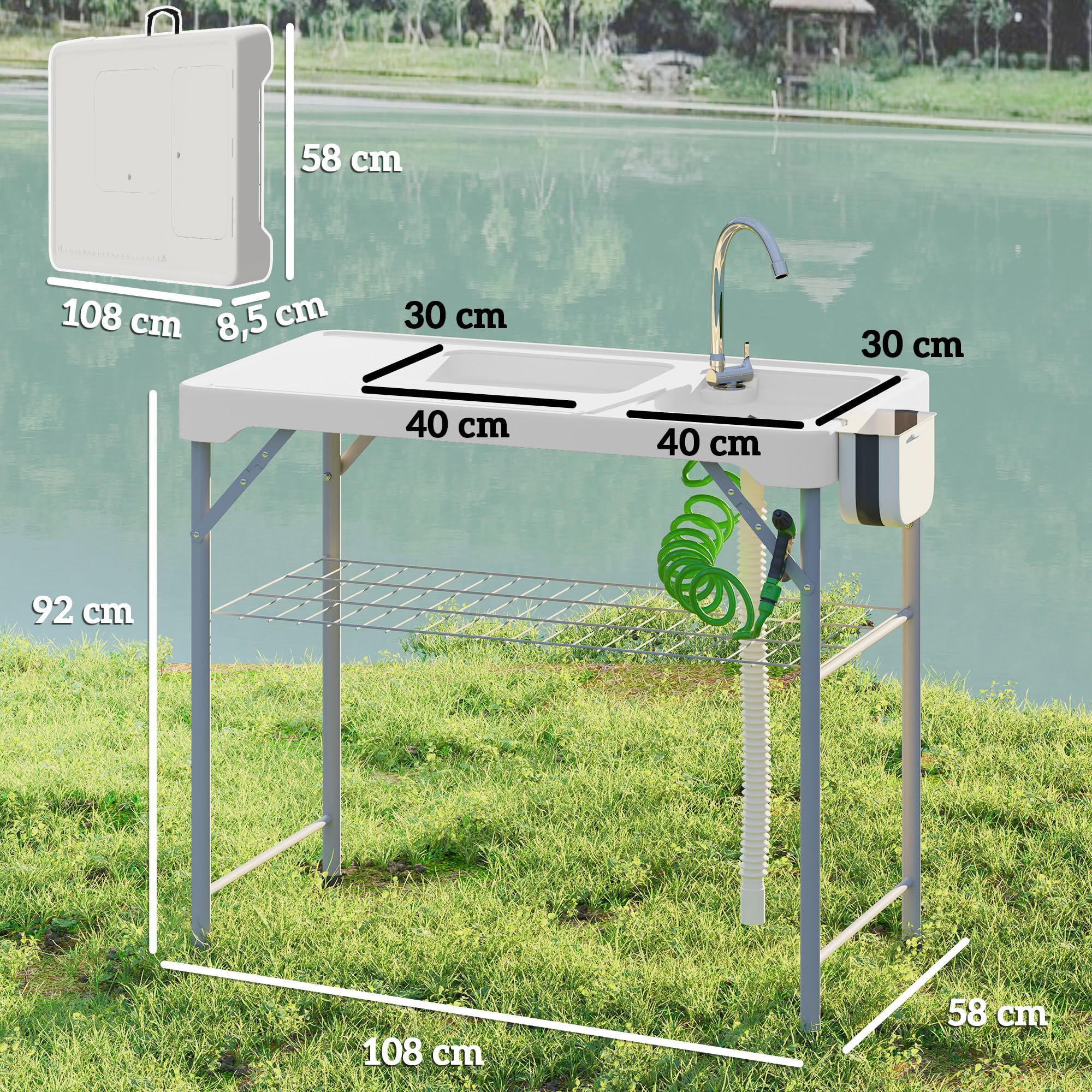 Outsunny Mesa para Limpiar Pescado Portátil Mesa Plegable para Camping con 2 Fregaderos Manguera de Drenaje Estación de Limpieza y Grifo para Pesca Barbacoa 108x58x92 cm Blanco