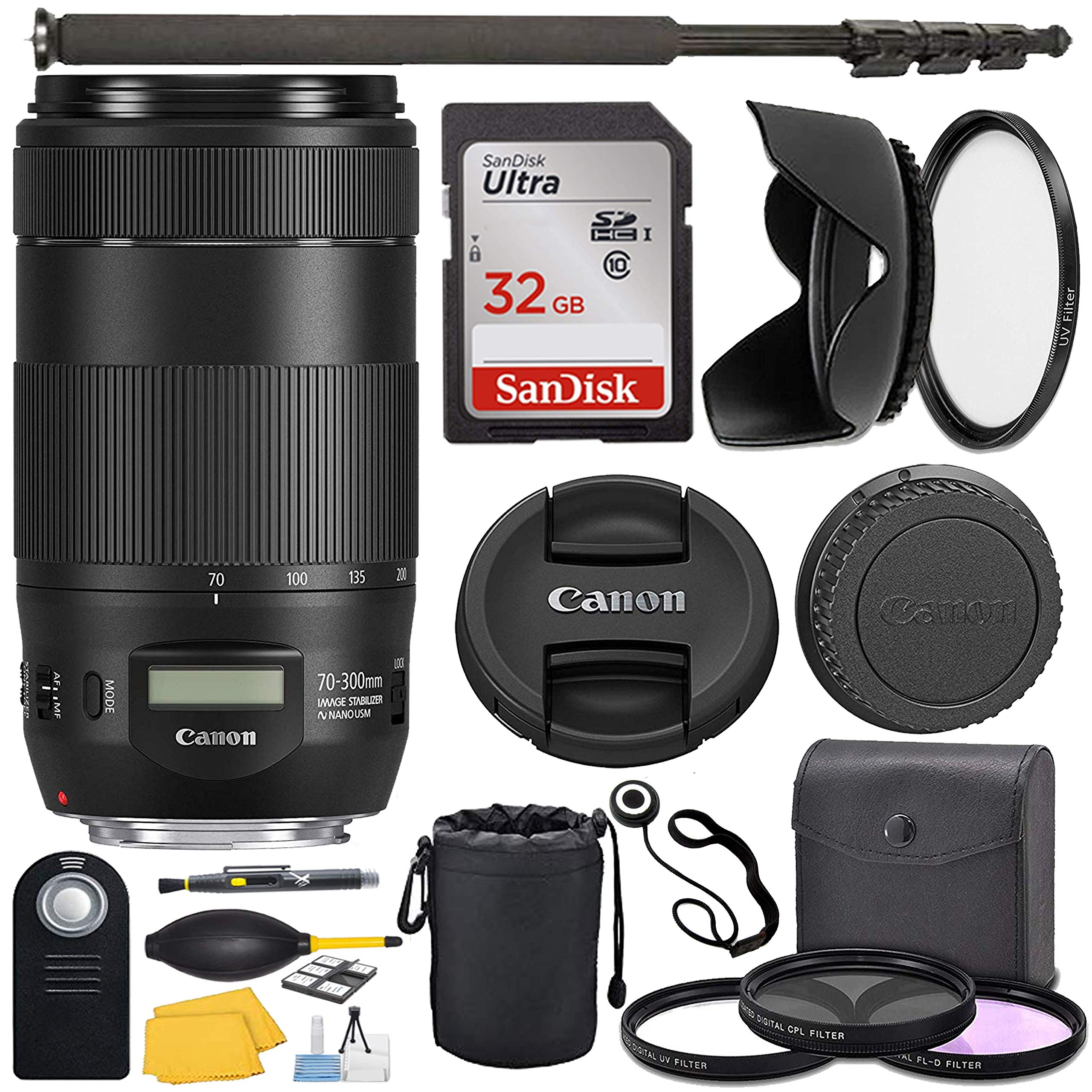 Canon EF 70-300mm f/4-5.6 is II USM Lens with Lens Case + Lens Hood + Monopod + 3 Piece Filter Kit + Accessory Kit