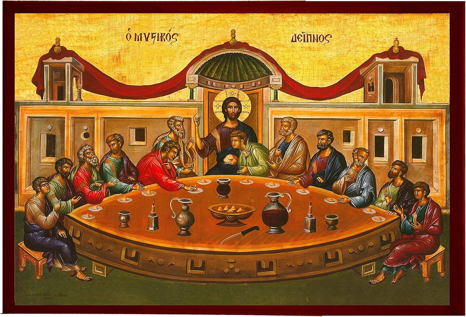 The Last Supper icon, Holy Communion Handmade Greek Orthodox icon, Byzantine art wall hanging on wood plaque, religious home decor