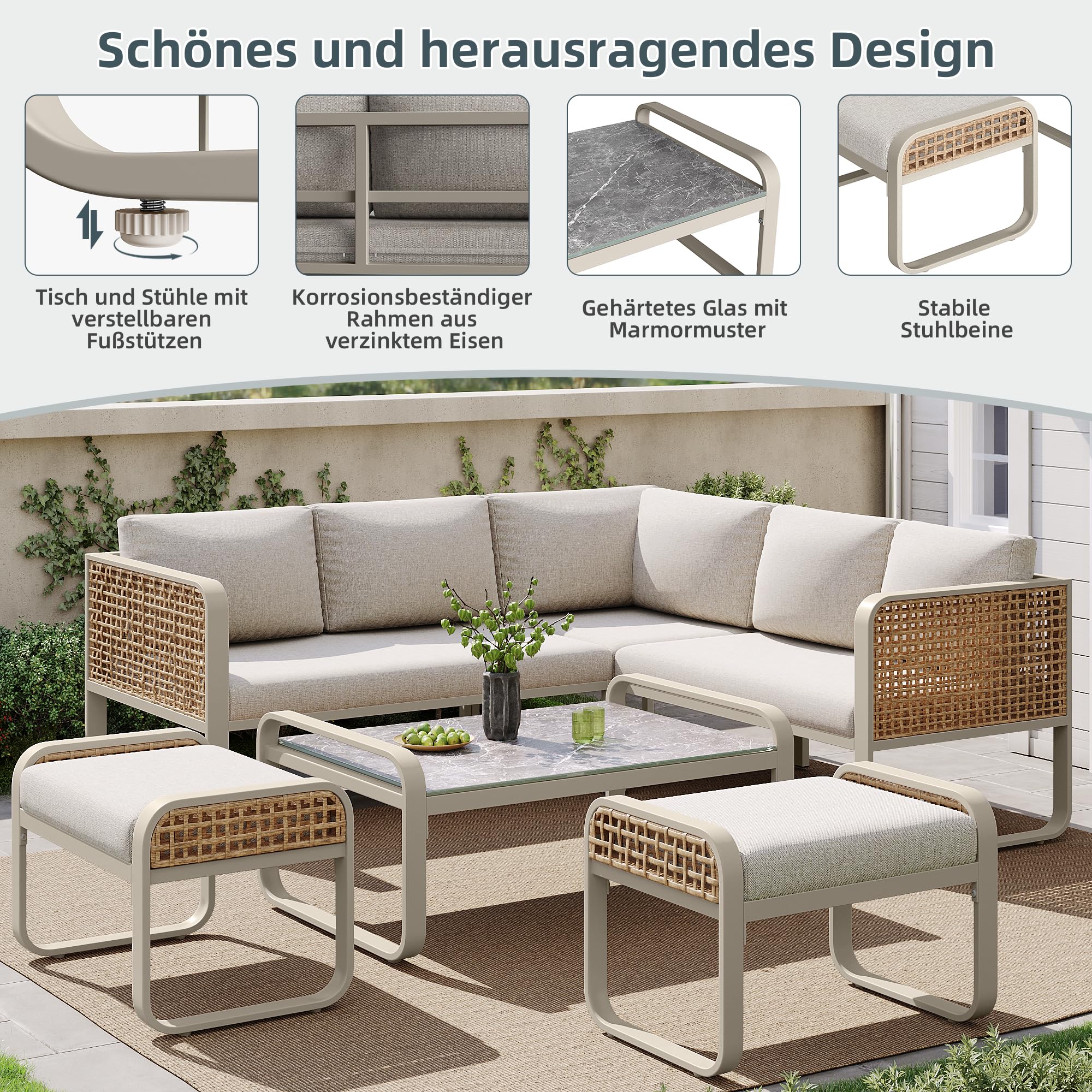 Set divano angolo rattan ferro zincato 120x61x69 cm beige per 6-7 persone
