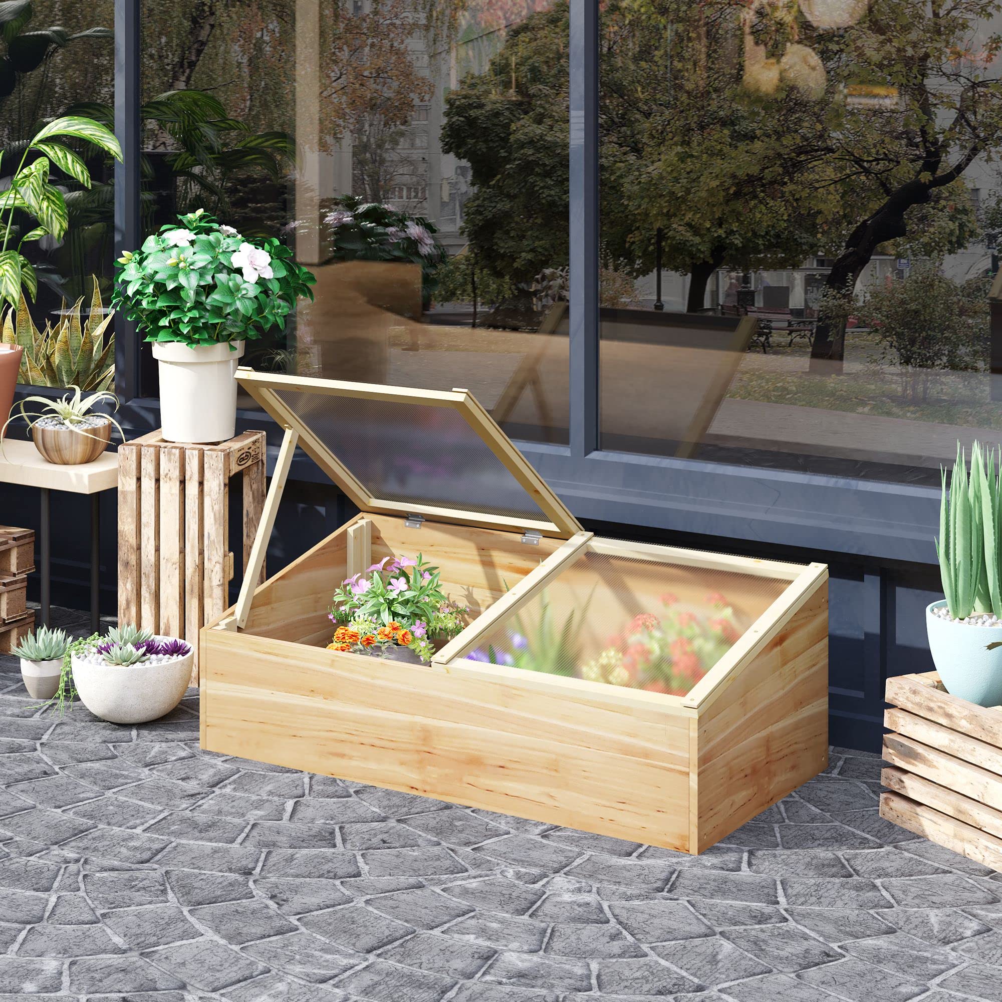 Outsunny Wooden Cold Frame Greenhouse Garden 100 x 50 x 36 cm Natural | Polycarbonate Grow House, Independent Openable Top Covers, for Flowers, Vegetables, Plants