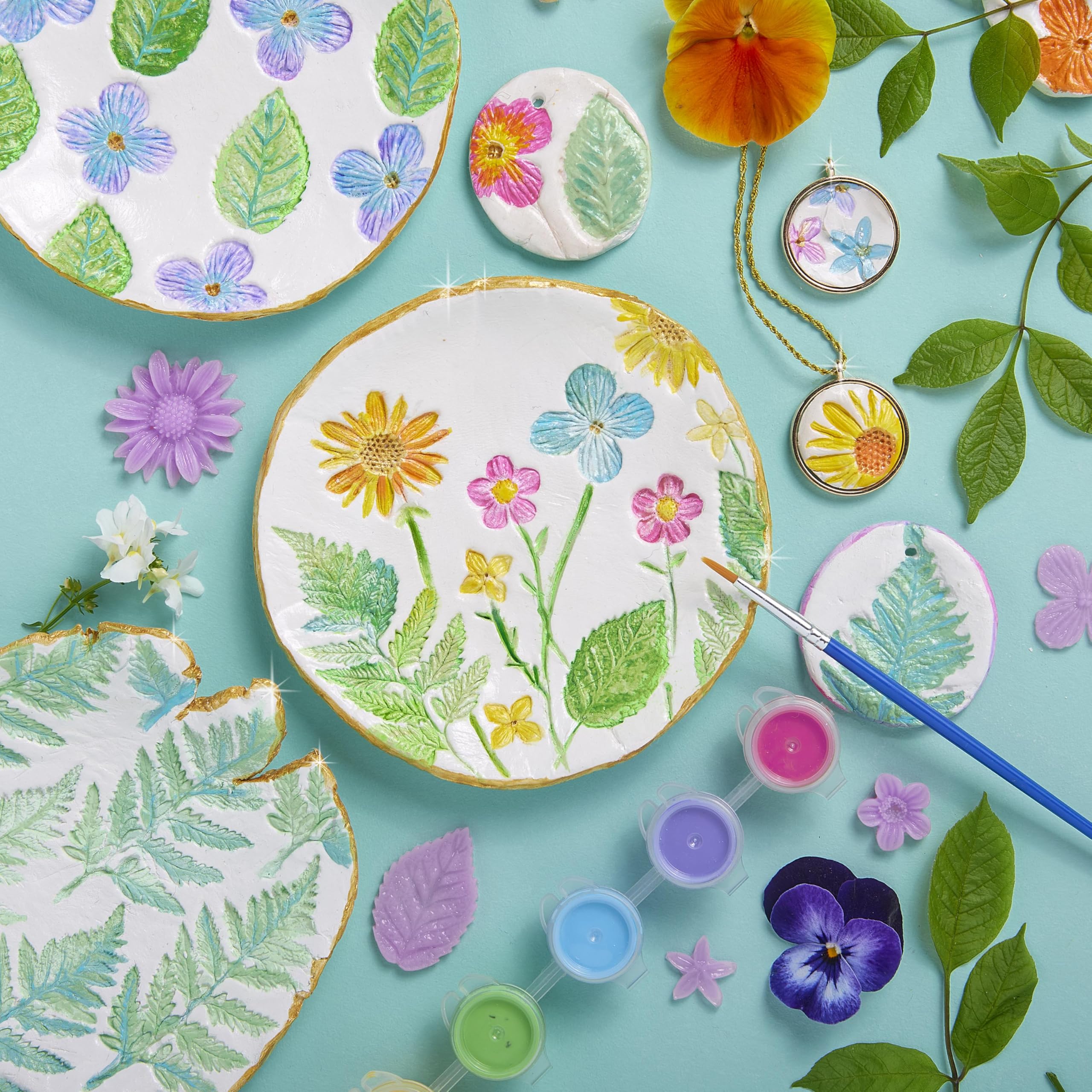 Bright Stripes Wish*Craft Flower Power Pottery – Air Dry Clay Kit with Tools for Adults & Kids to Create Botanical Pottery with Stamps, Paints, Metallic Gold & Glaze; Perfect for DIY Crafts & Gifts
