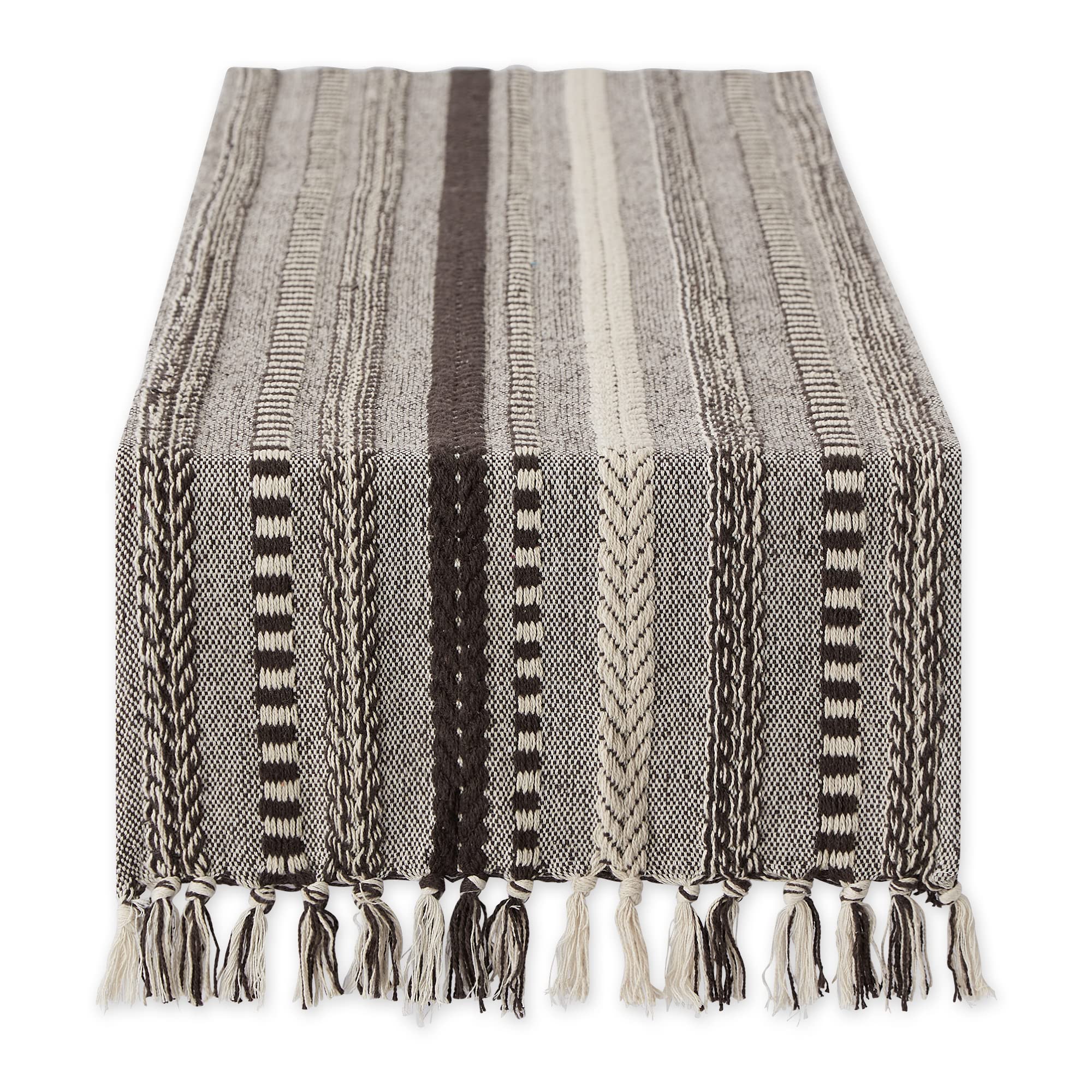 DII Farmhouse Braided Stripe Table Runner Collection, 15x72 (15x77, Fringe Included), Dark Brown