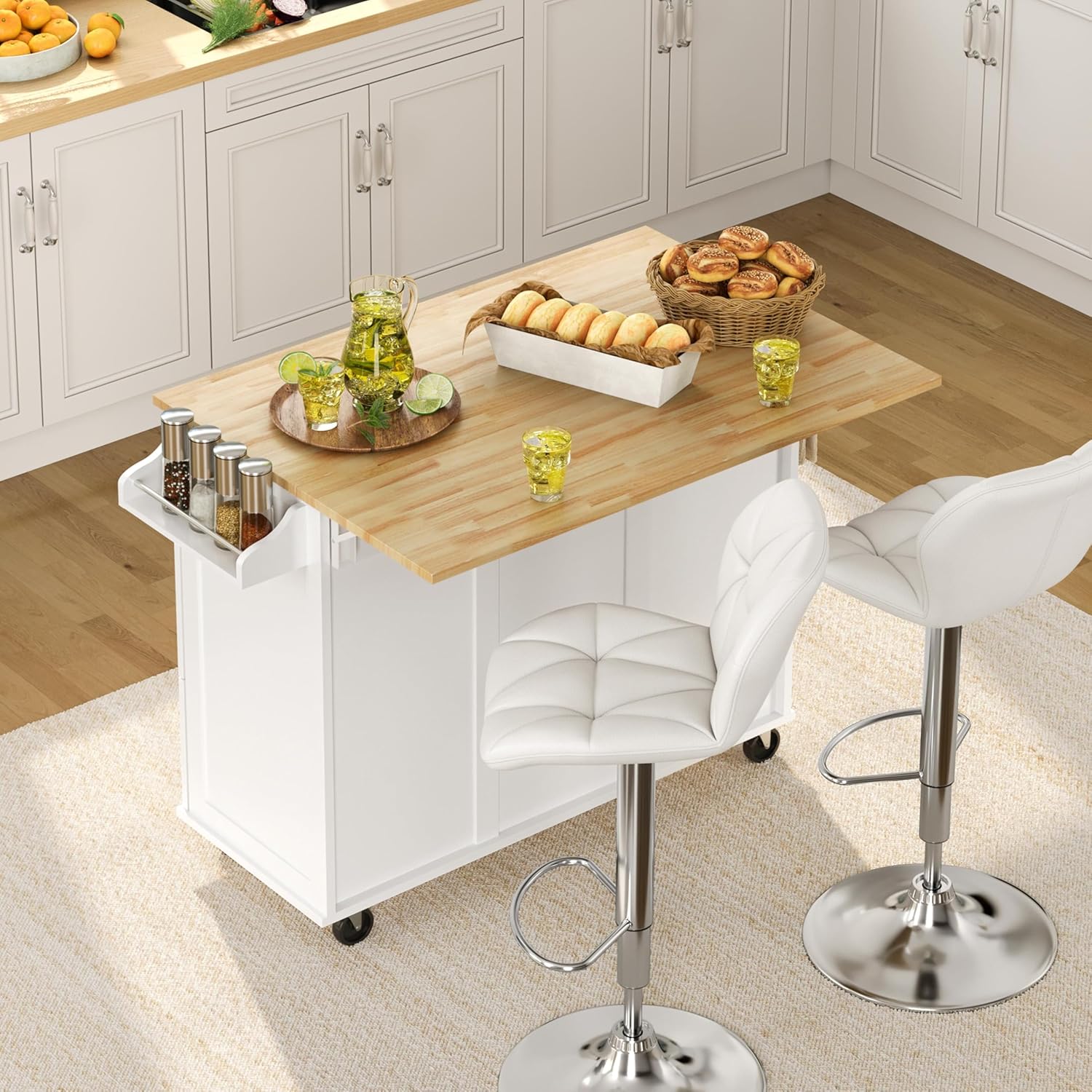 Yaheetech Kitchen Island Cart with Drop Leaf, Kitchen Breakfast Bar on 5 Universal Wheels with Storage Cabinet, Rubberwood Top, 3 Drawers, Spice Rack for Dining Room, 49W x 29.5D x 36H, White