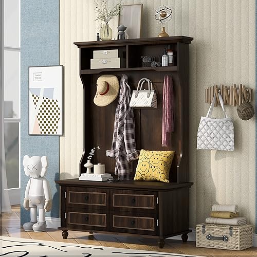 Árbol de pasillo con banco de almacenamiento perchero con 2 gabinetes de madera de 40 pulgadas con 4 ganchos para organización de barros entrada disponible en Yaxa Colombia