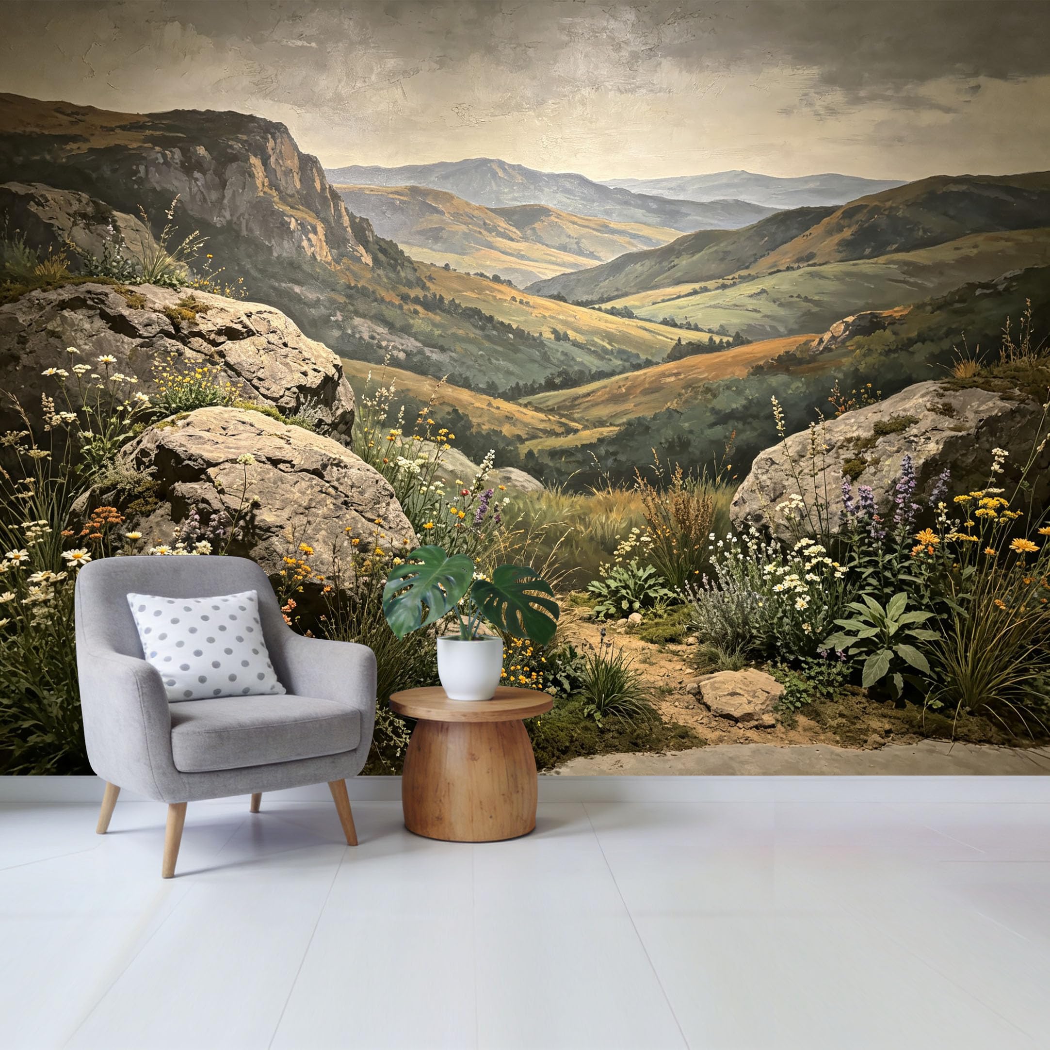 Qzlithotic Yq2605250786 Custom Size Wall Mural Majestic Mountain Valley Landscape Scenic Wildflower Meadow Oil Painting Style Selfadhesive Wall Fabric Removable Wallpaper For Home Office Decor
