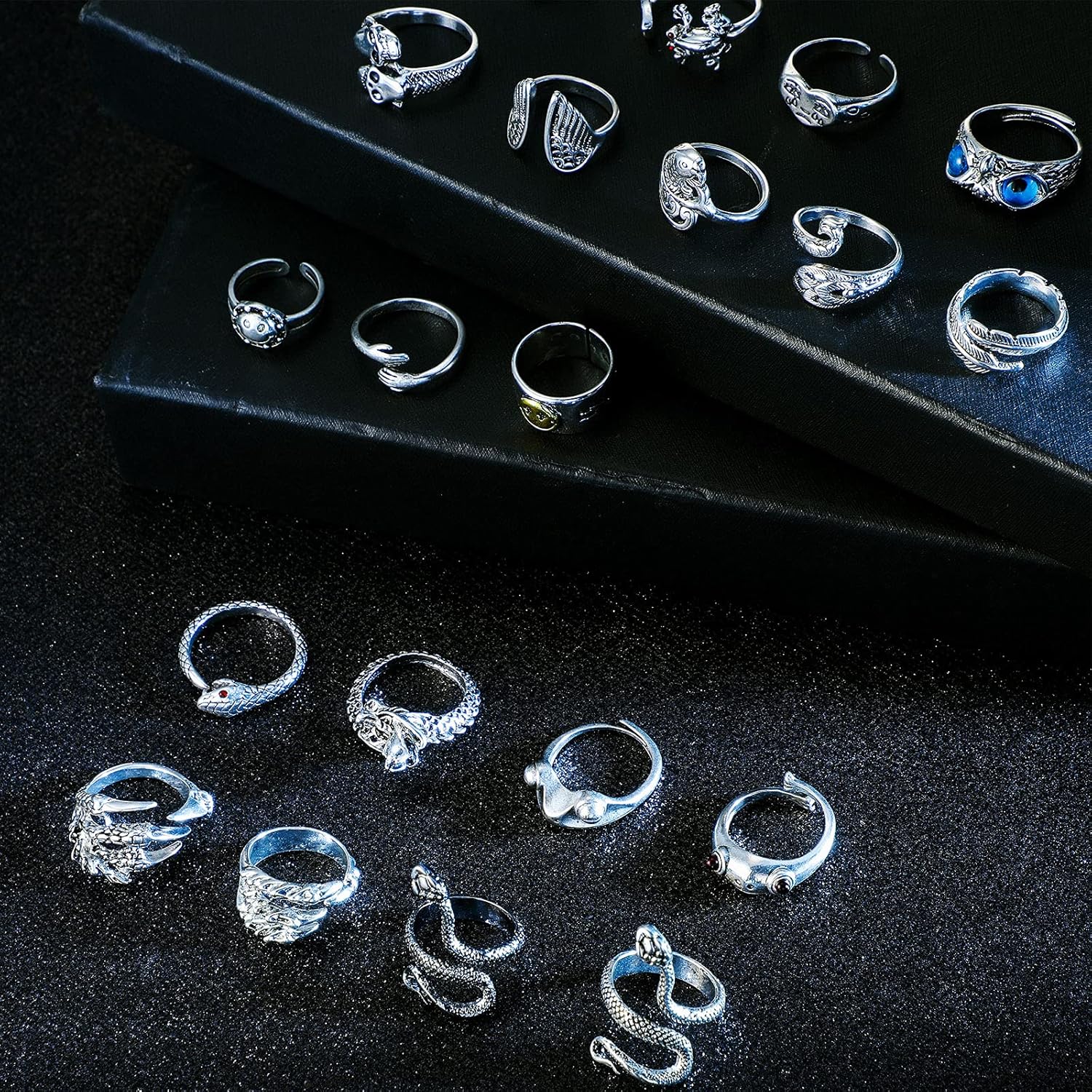 Hicarer 24 Pieces Gothic Open Rings Adjustable Vintage Silver Knuckle Rings Set Frog Snake Skull Stackable Punk Jewelry for Couples Men Women - Image 2