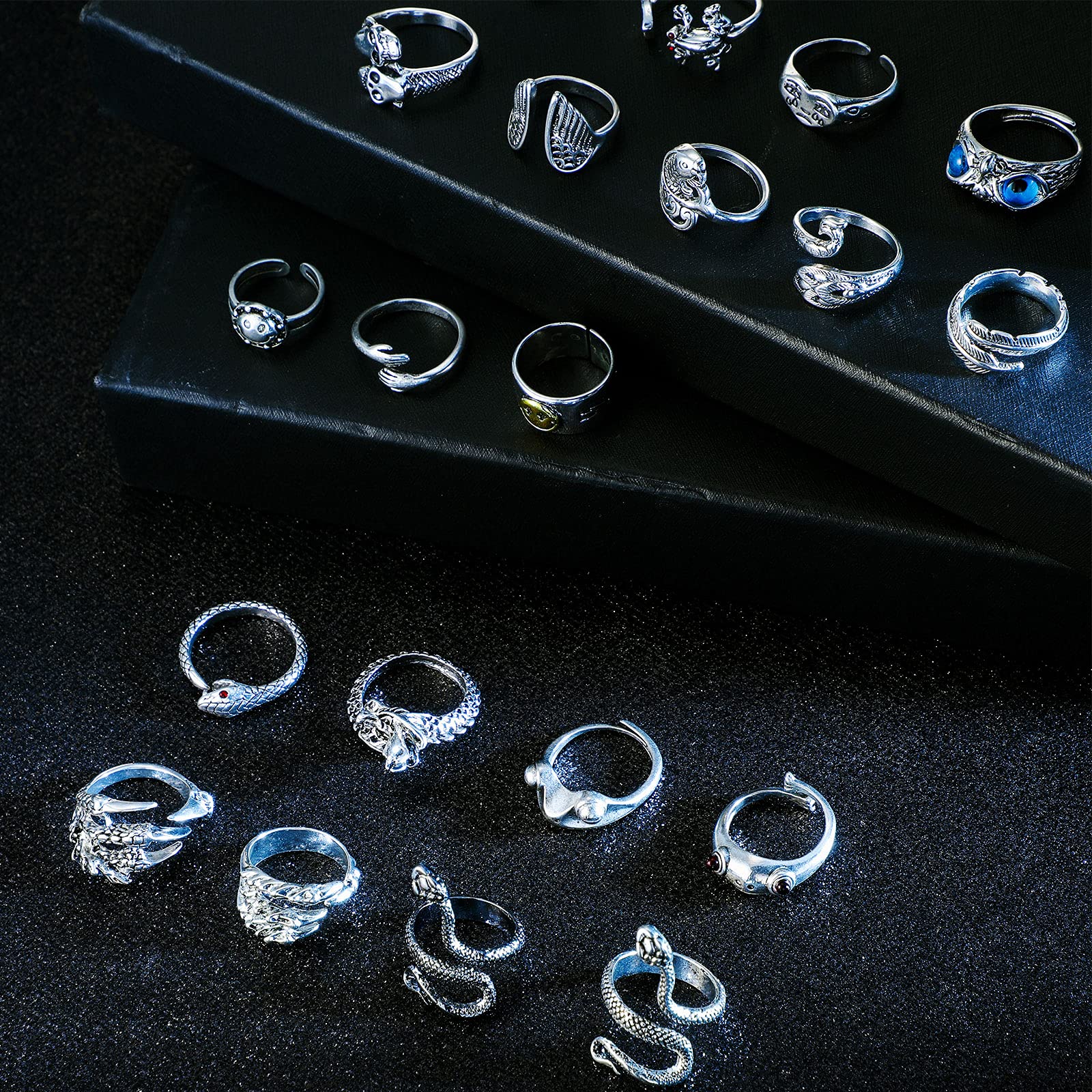 Juego de 24 anillos góticos ajustables, anillos abiertos, estilo vintage, rana, serpiente, anillos abiertos, estilo punk, gótico, apilable, joyería para parejas, hombres y mujeres (estilo 2