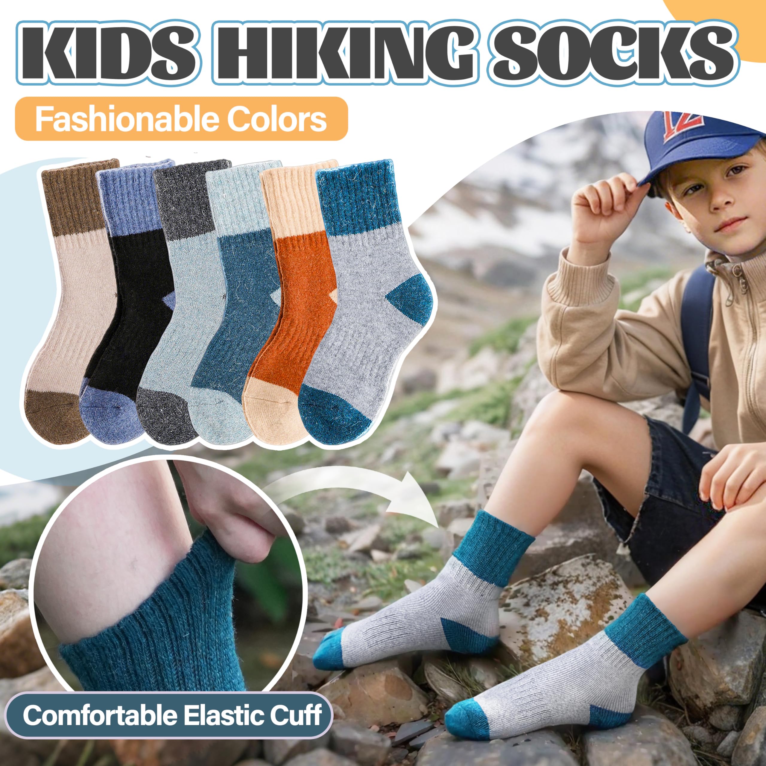 Anlisim Kinder Merino Wandersocken Jungen Mädchen Wolle Socken Warme Sportsocken Dicke Thermosocken Trekking Wintersocken Socken Kinder Weihnachtssocken Geschenke 6 Paare(Spleißen,8-12 Jahre)