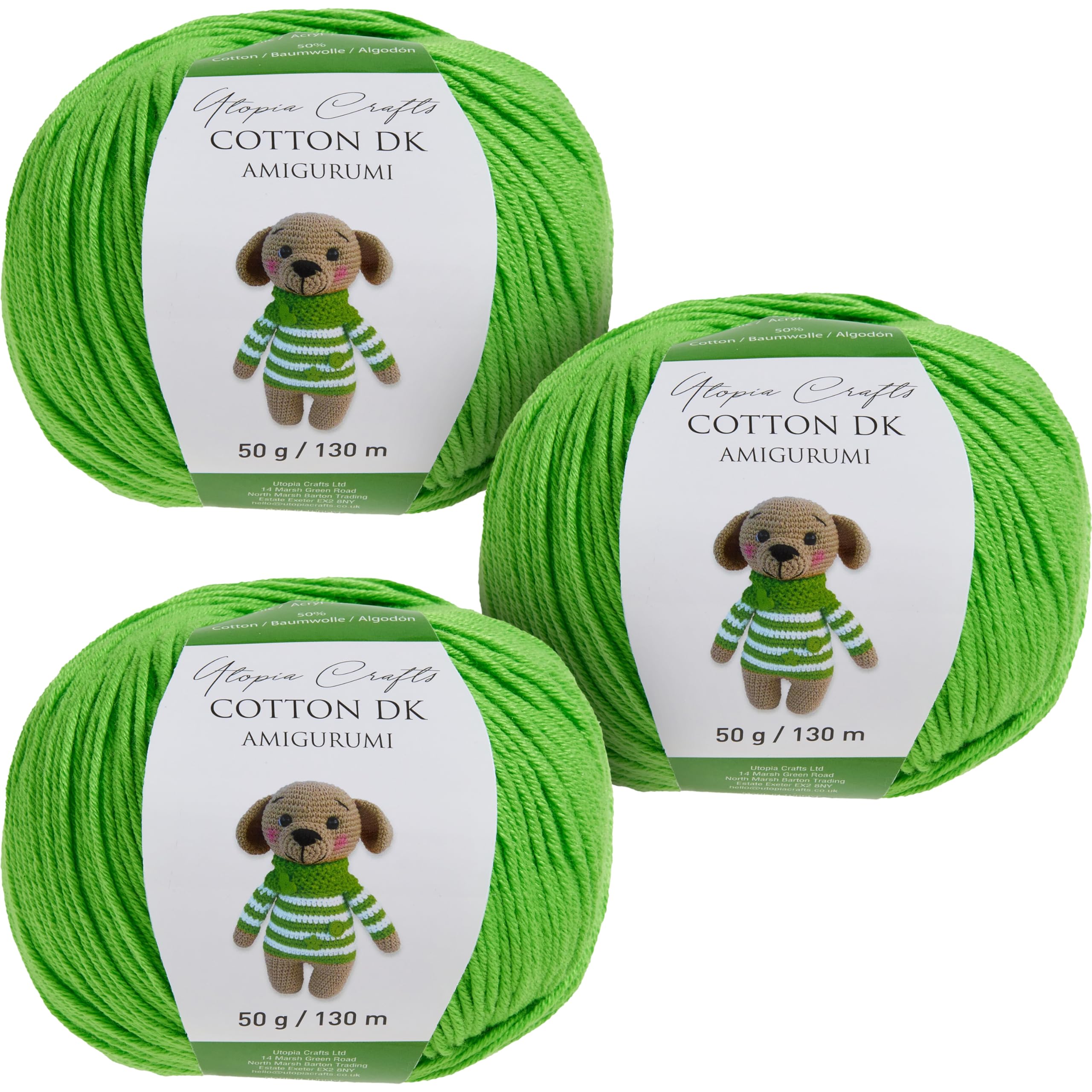 Utopia Crafts Amigurumi Cotton DK Yarn for Crochet and Knitting 50% Cotton, 50% Acrylic Blended, 3X 50g (Lime Green)