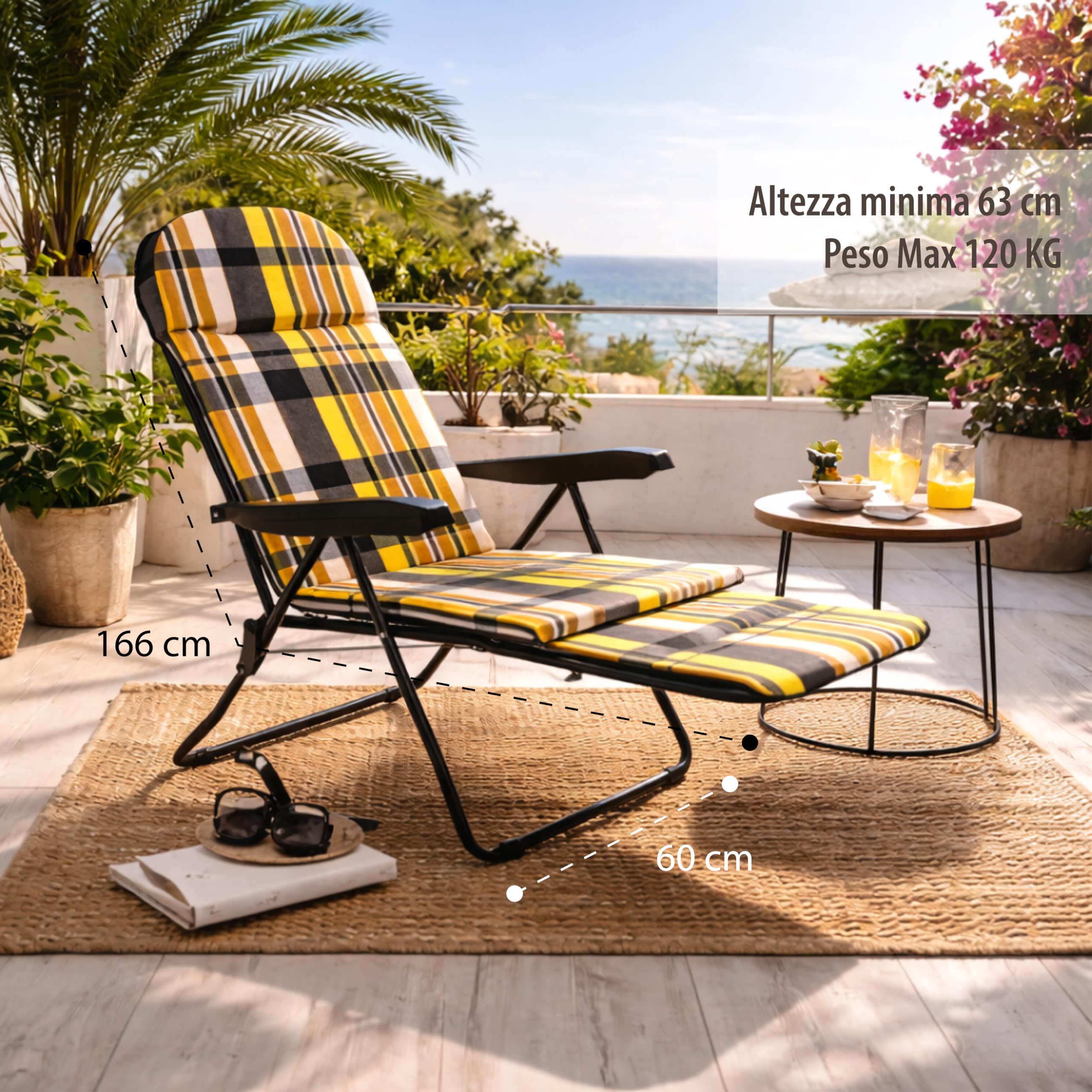 MA MAISON Sdraio Reclinabile Imbottita 166X60X63 cm - 6 Posizioni, con Prolunga Estraibile, Braccioli Ergonomici, Struttura in Acciaio, per Interno, Esterno - Made in Italy RIGHE GIALLO