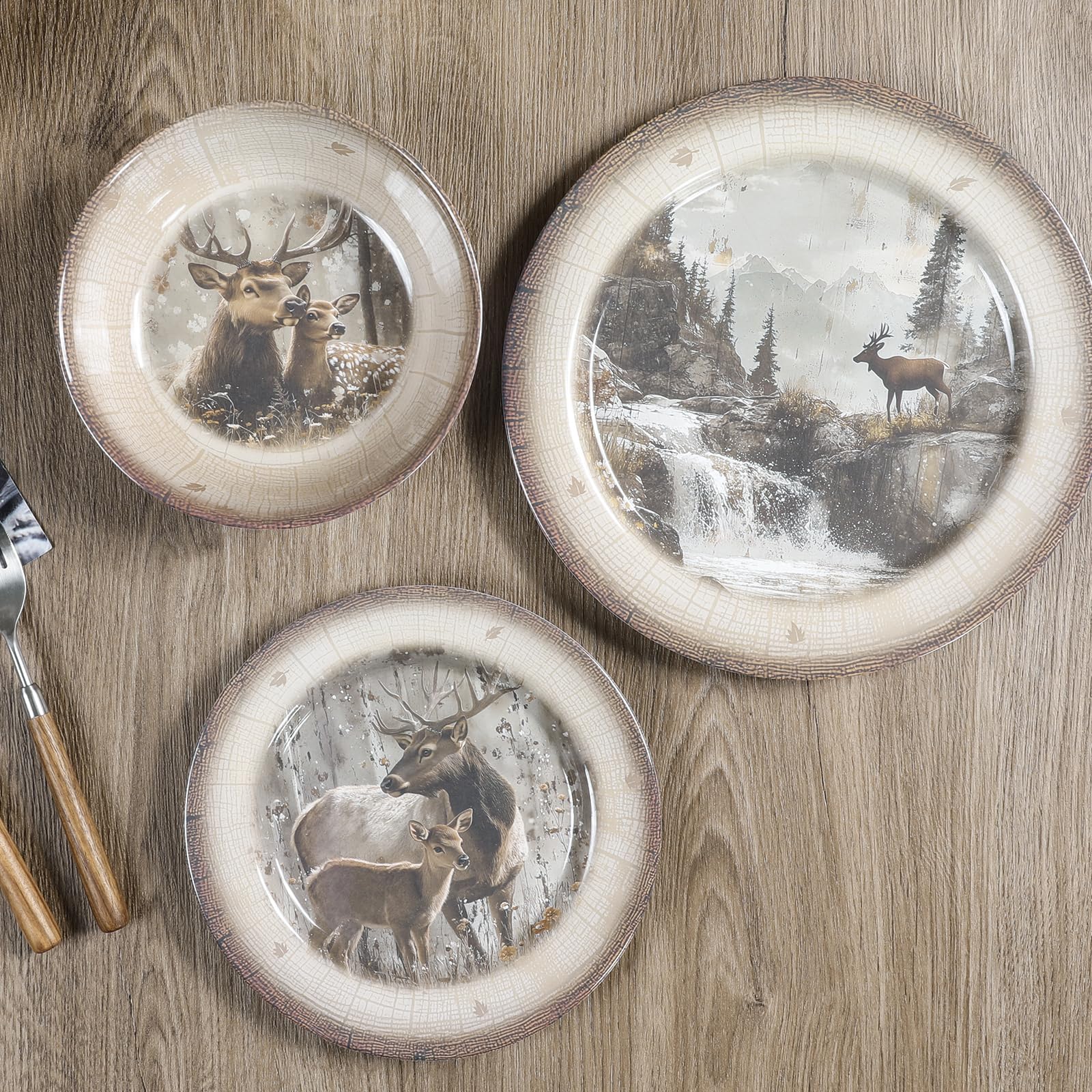 Melamin-Geschirr-Set für 4 Personen, Speiseteller, Schüsseln, 12-teilig, langlebig, BPA-frei, spülmaschinenfest, bruchsicher, splitterfest, für drinnen und draußen, Hirsch